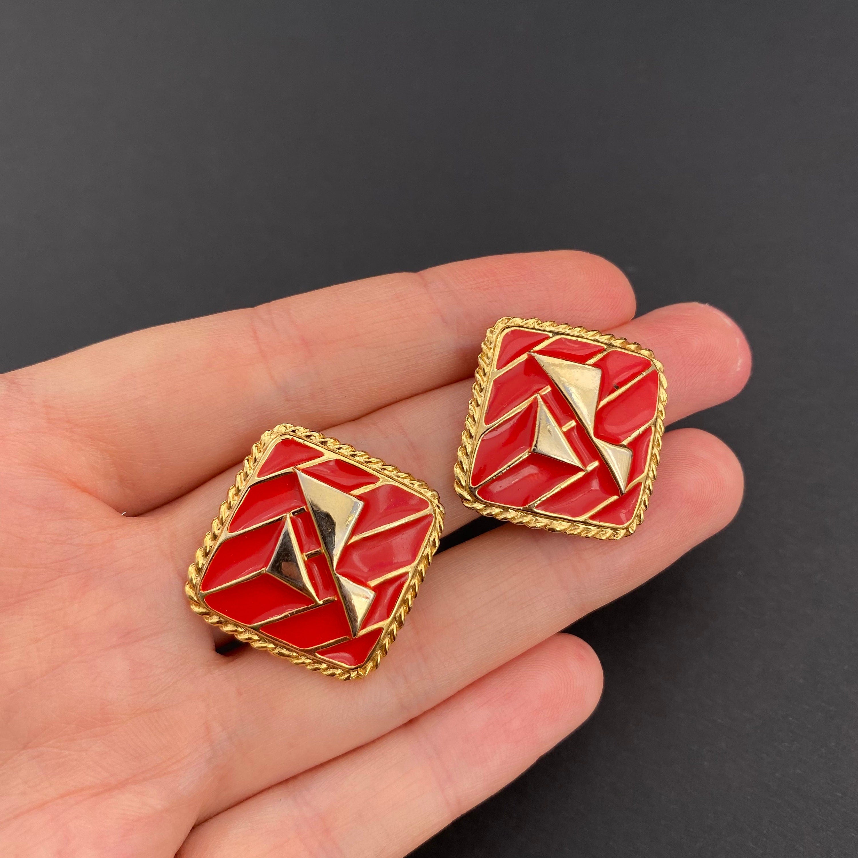 Vintage gold tone and red enamel clip on earrings