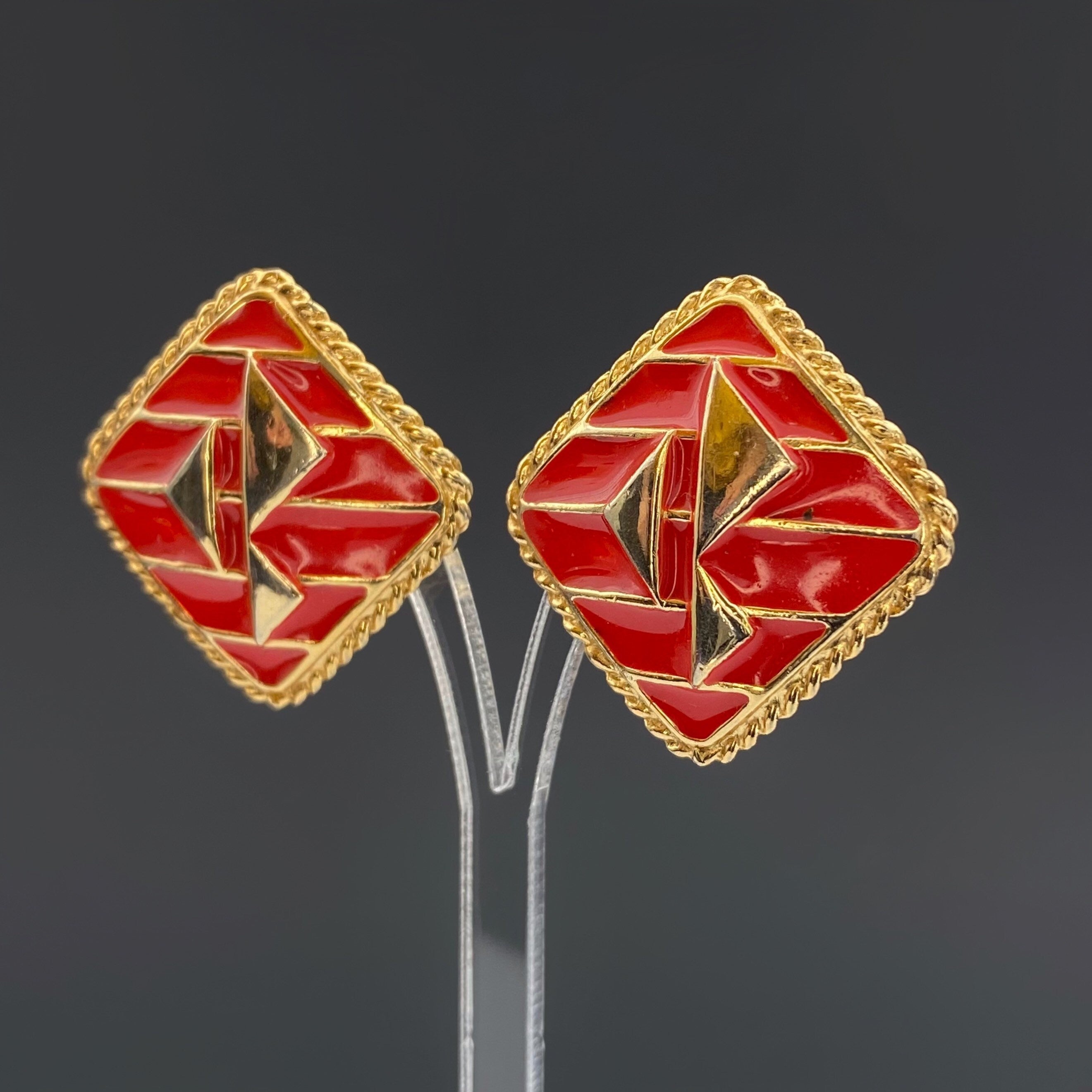 Vintage gold tone and red enamel clip on earrings