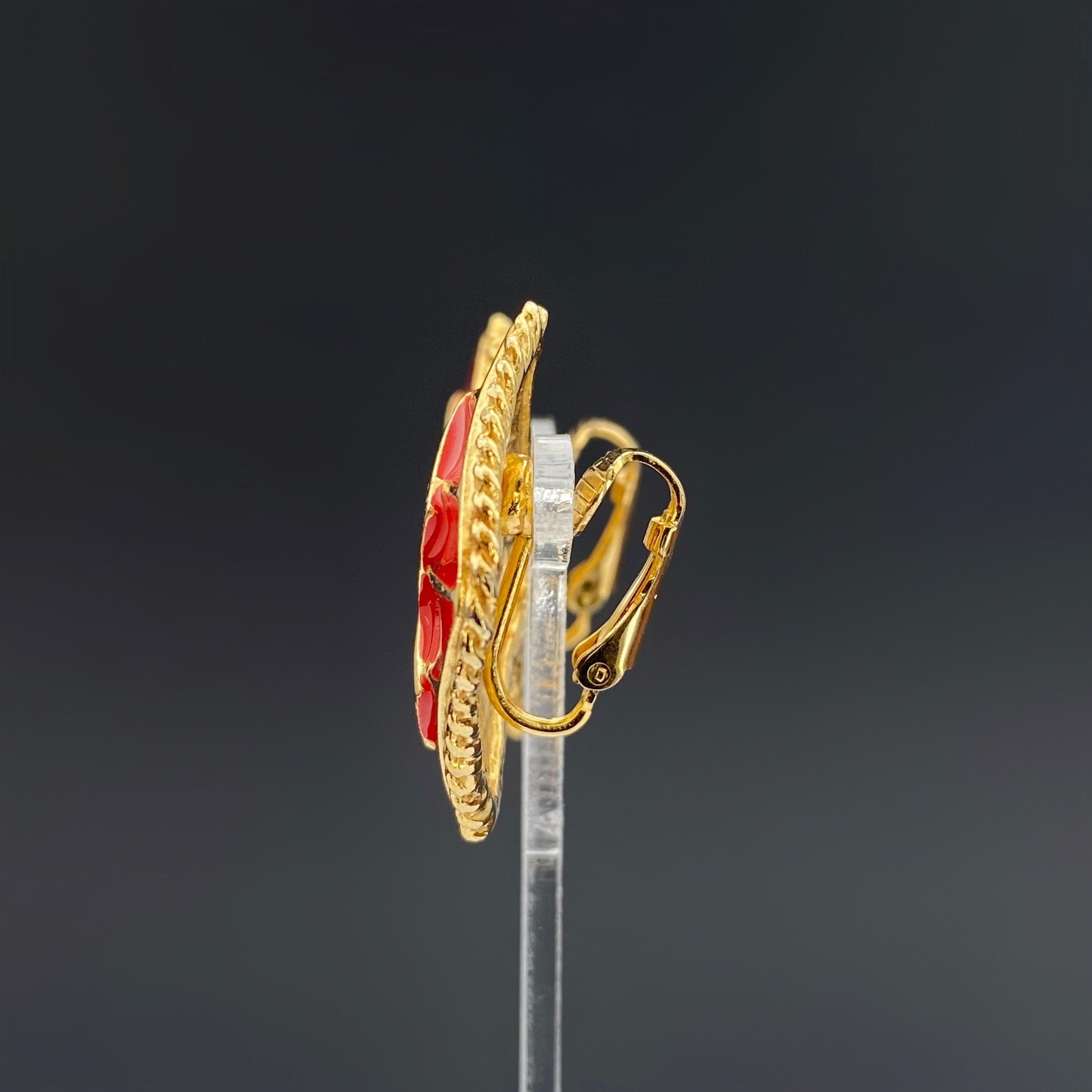 Vintage gold tone and red enamel clip on earrings
