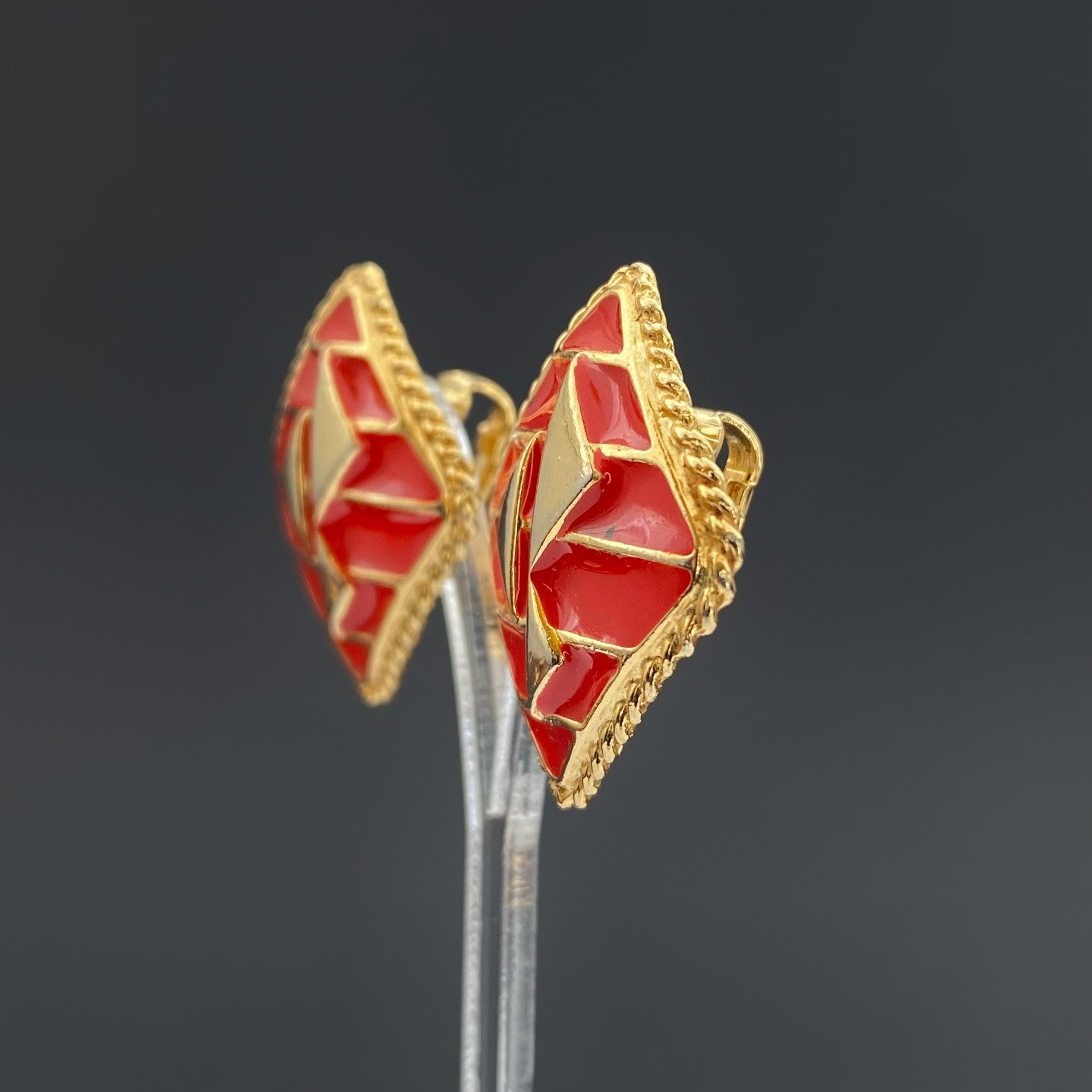Vintage gold tone and red enamel clip on earrings