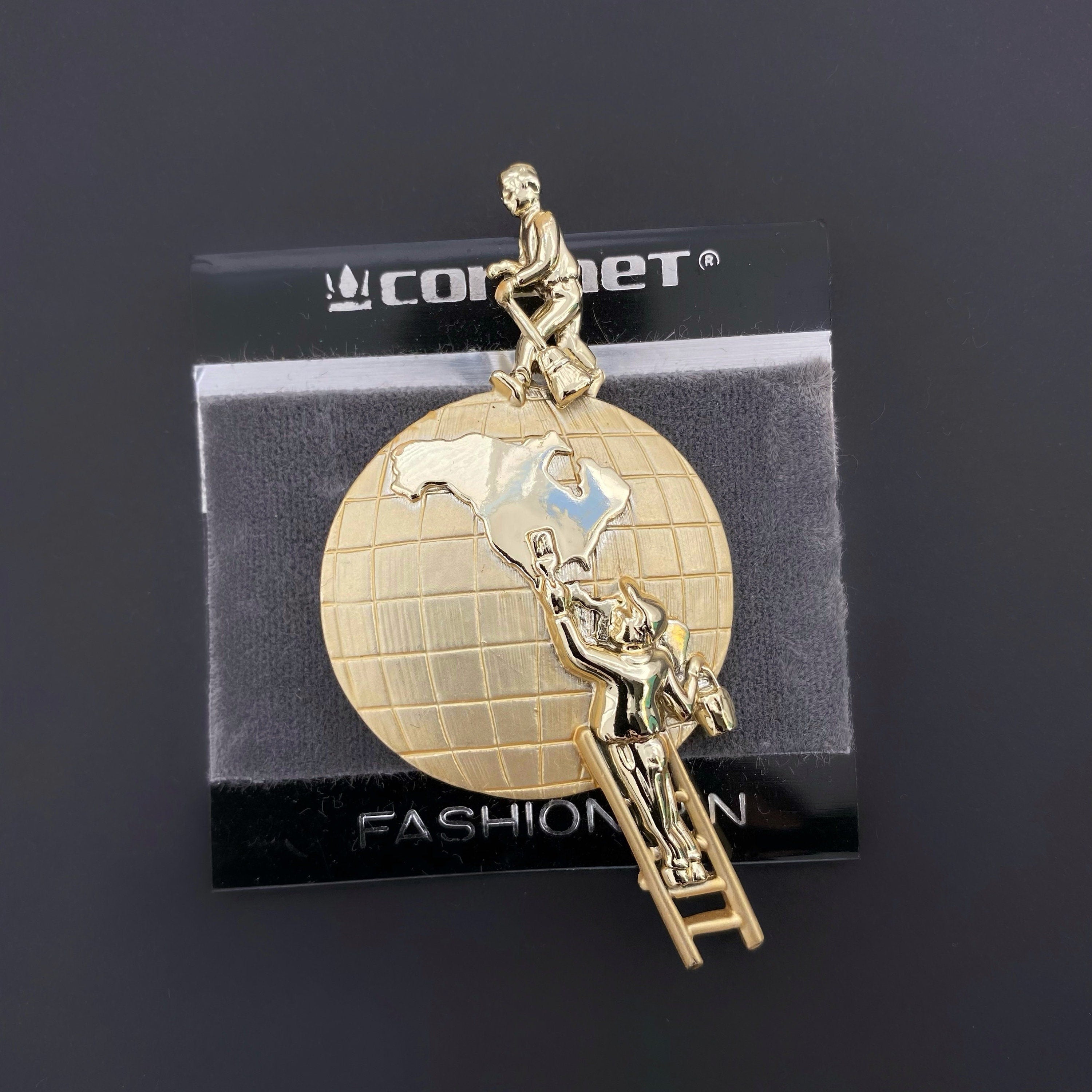 Vintage Coronet gold tone globe brooch
