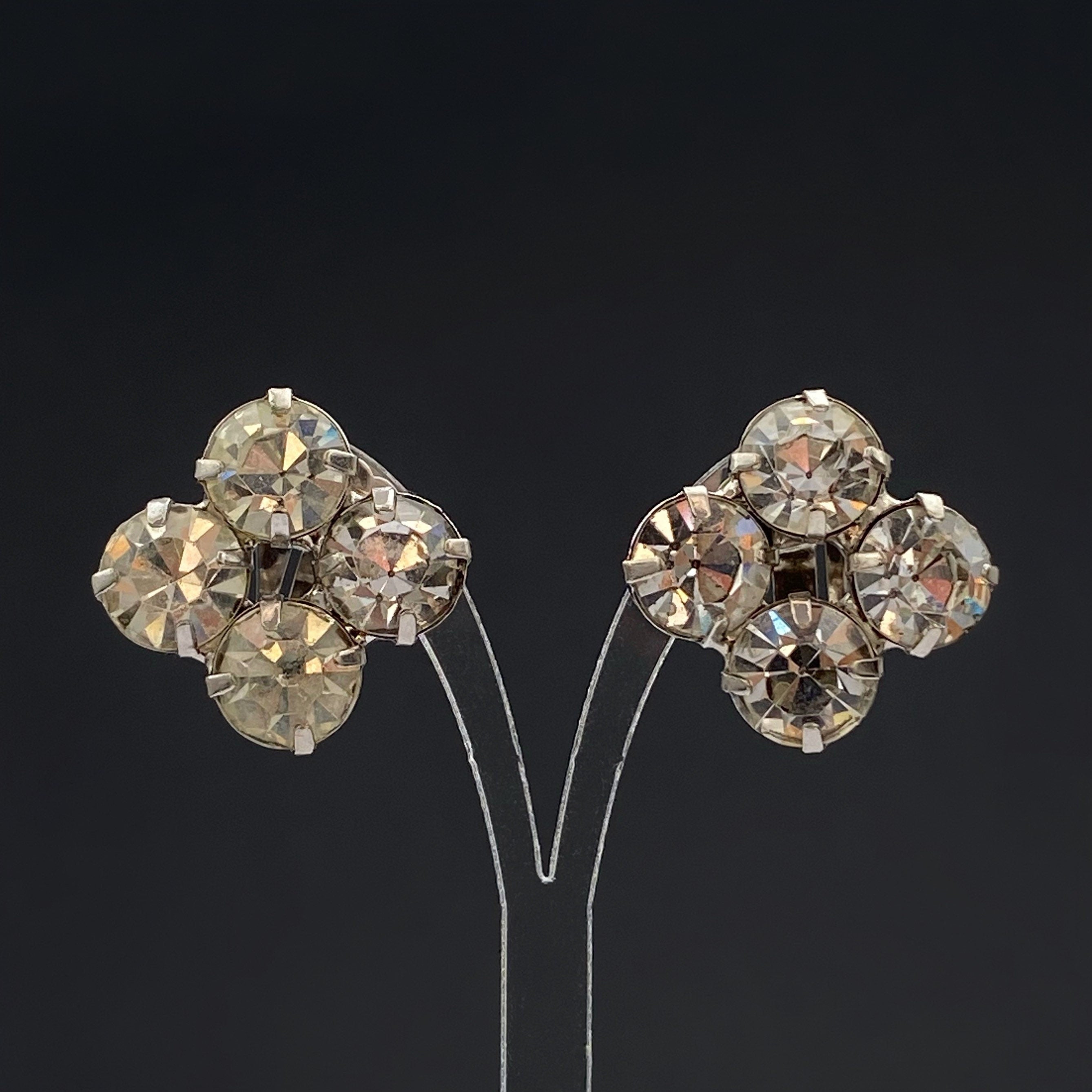Vintage Rhinestone Clip On Earrings: Silver Tone Costume Jewelry