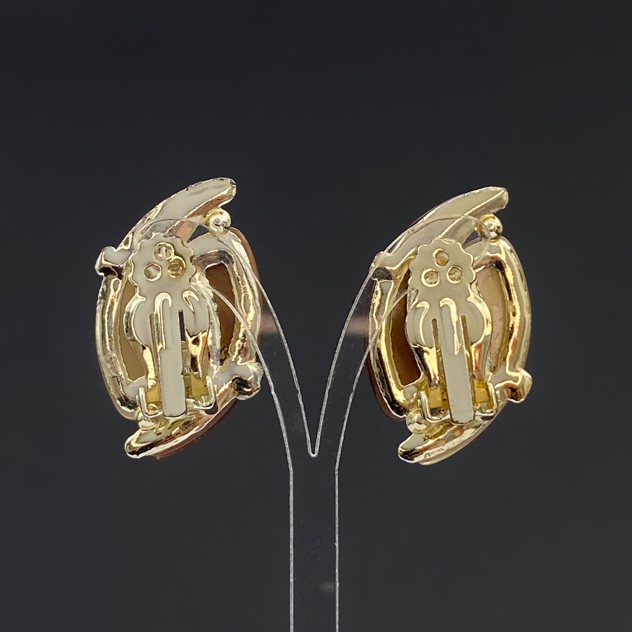 Vintage Lucite Clip On Earrings: Beige & Brown Costume Jewelry