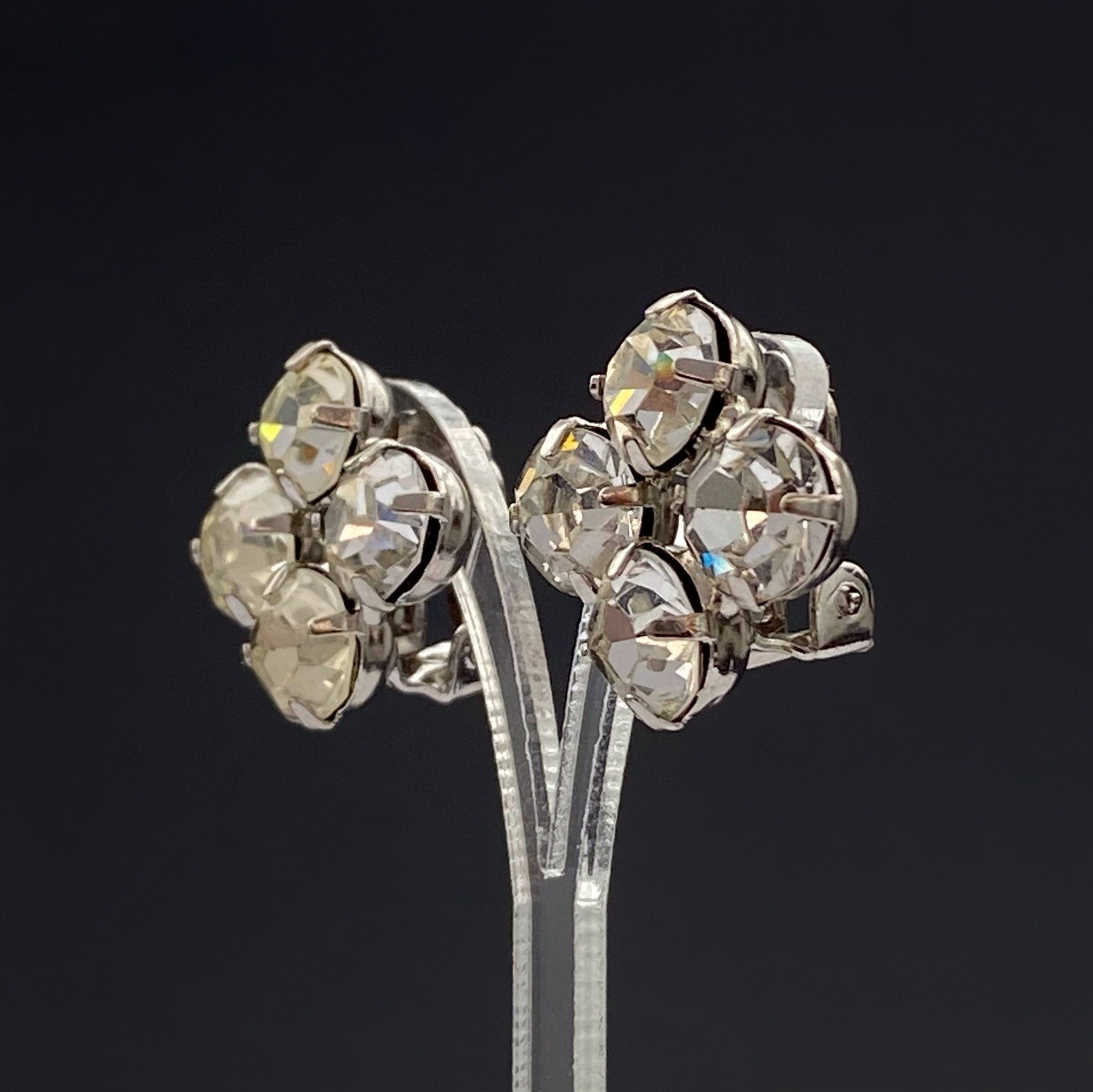 Vintage Rhinestone Clip On Earrings: Silver Tone Costume Jewelry