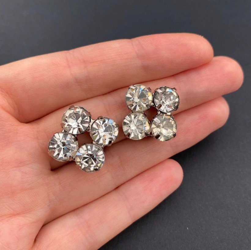 Vintage Rhinestone Clip On Earrings: Silver Tone Costume Jewelry