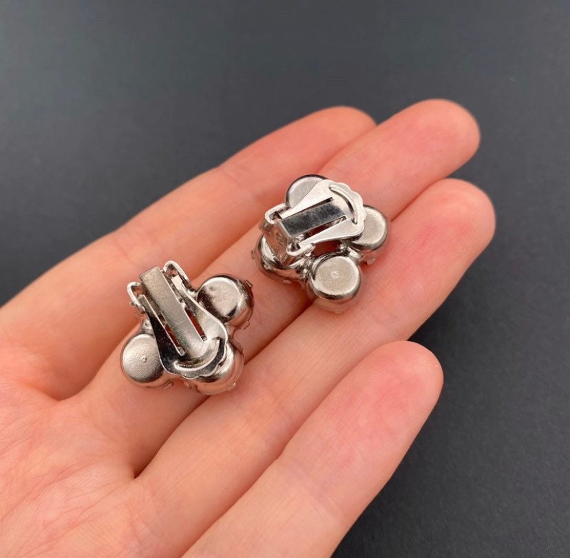 Vintage Rhinestone Clip On Earrings: Silver Tone Costume Jewelry