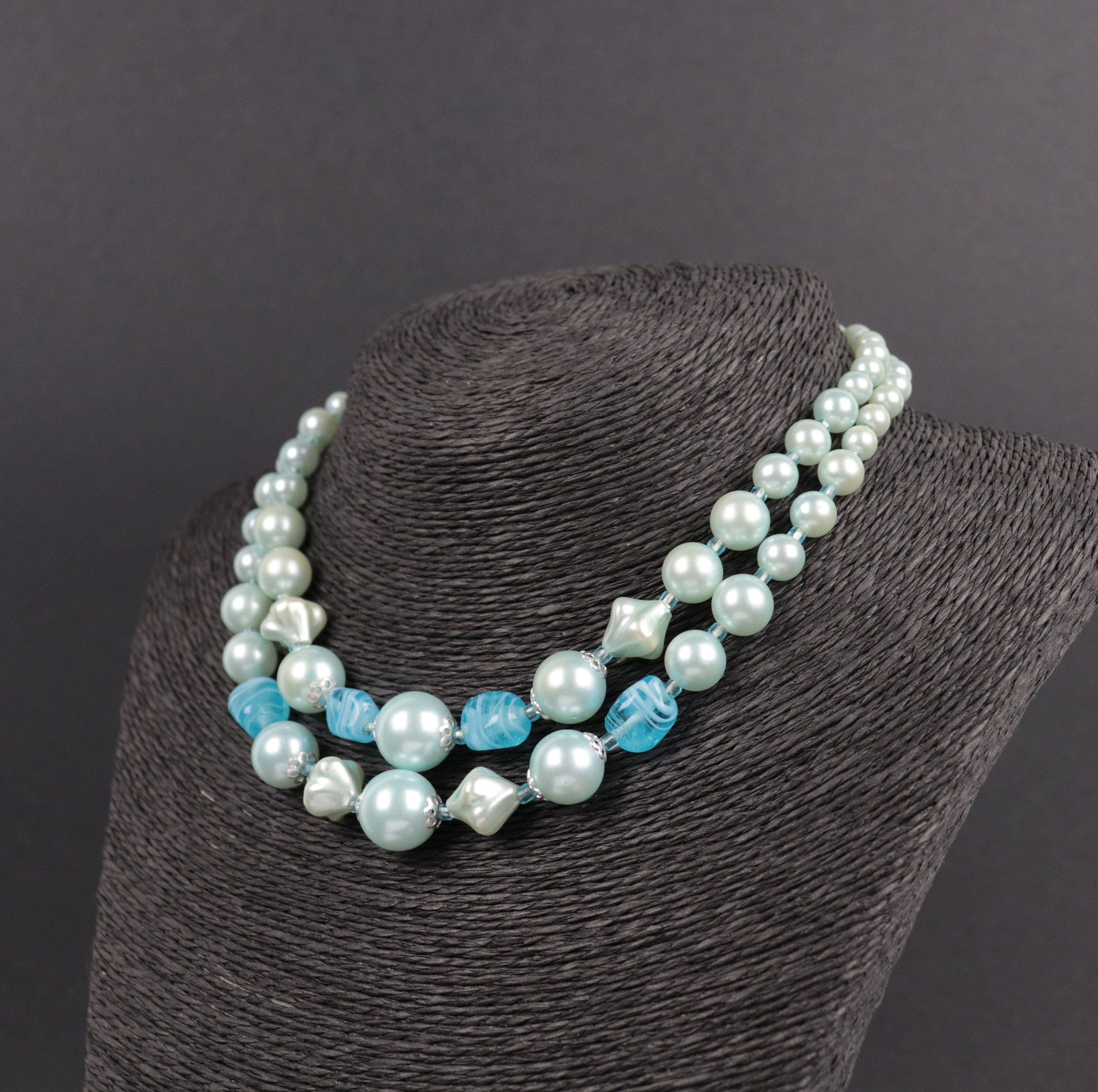 Vintage Japan double strand blue beaded necklace