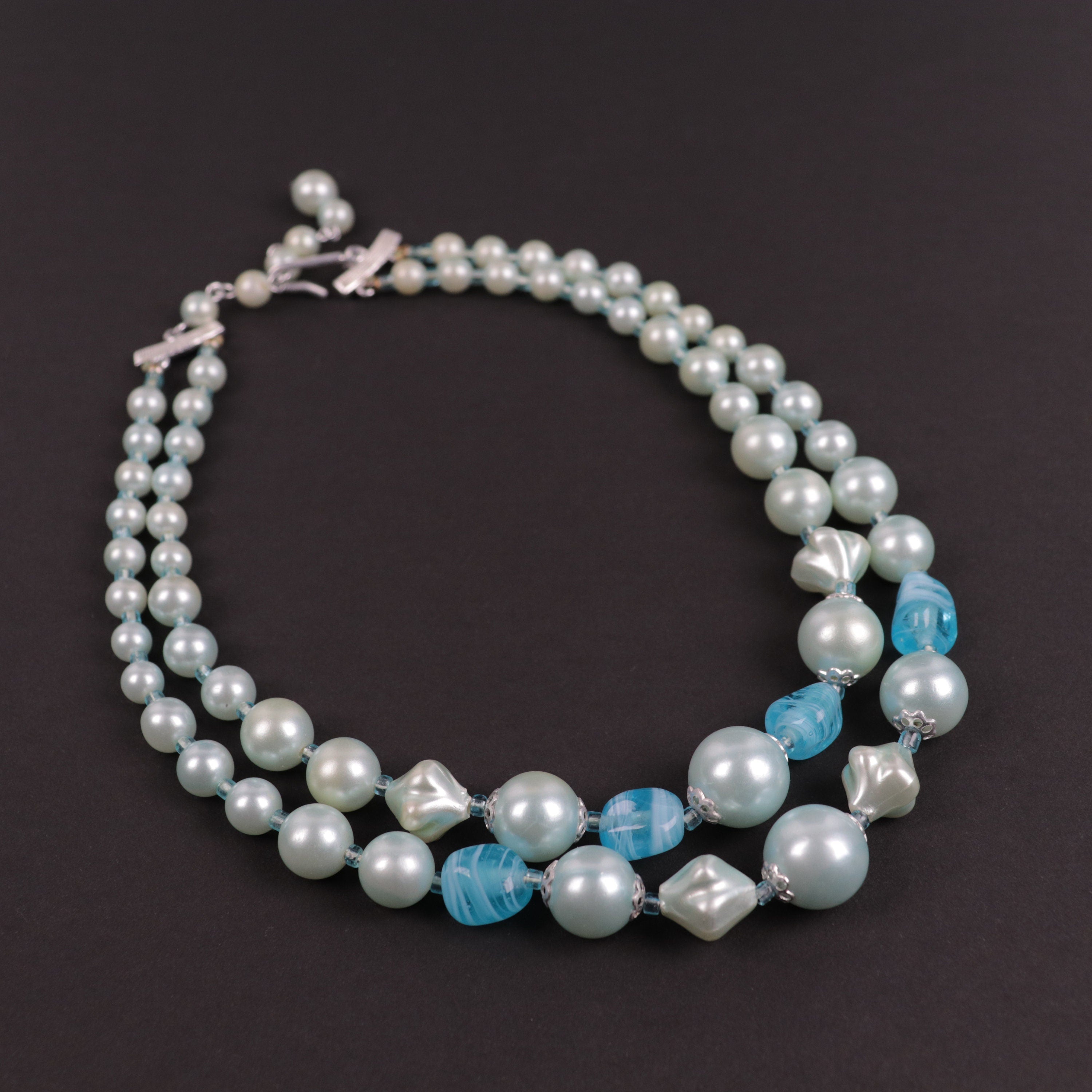 Vintage Japan double strand blue beaded necklace