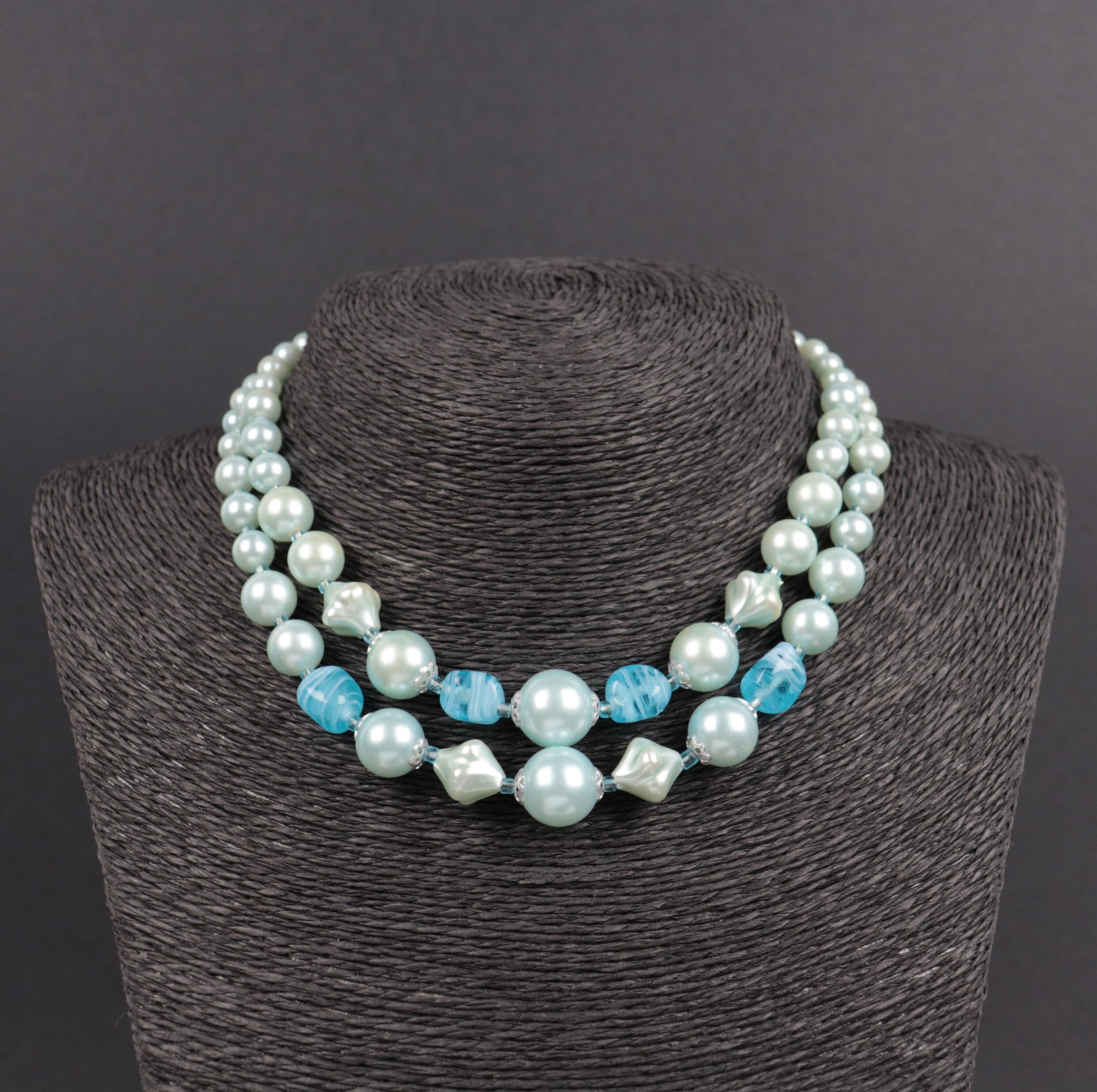 Vintage Japan double strand blue beaded necklace