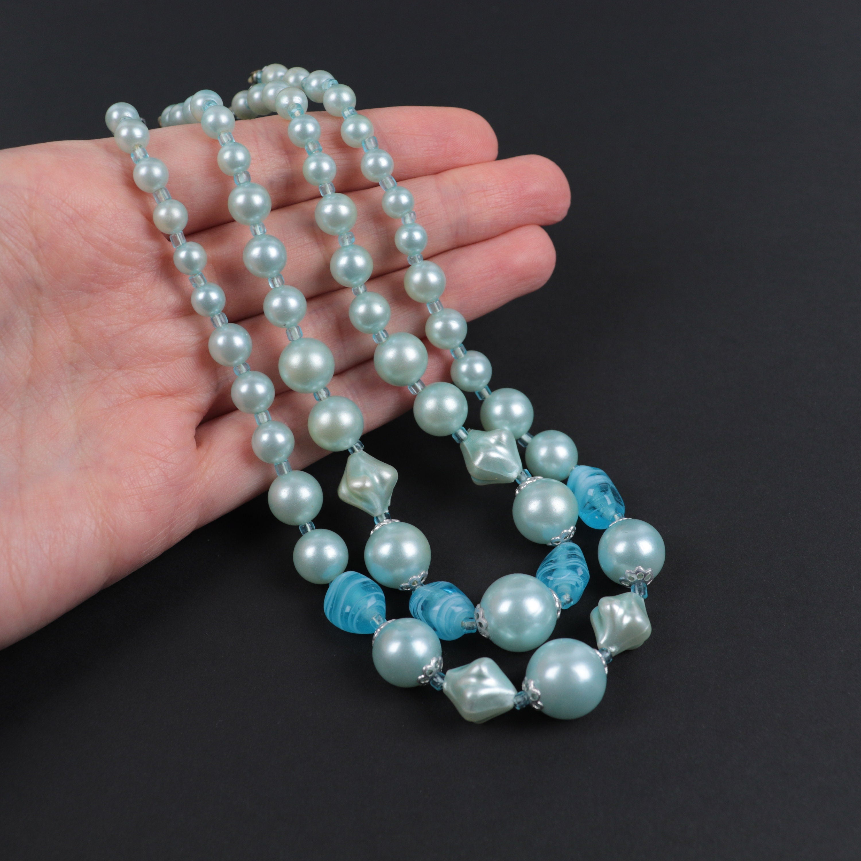 Vintage Japan double strand blue beaded necklace