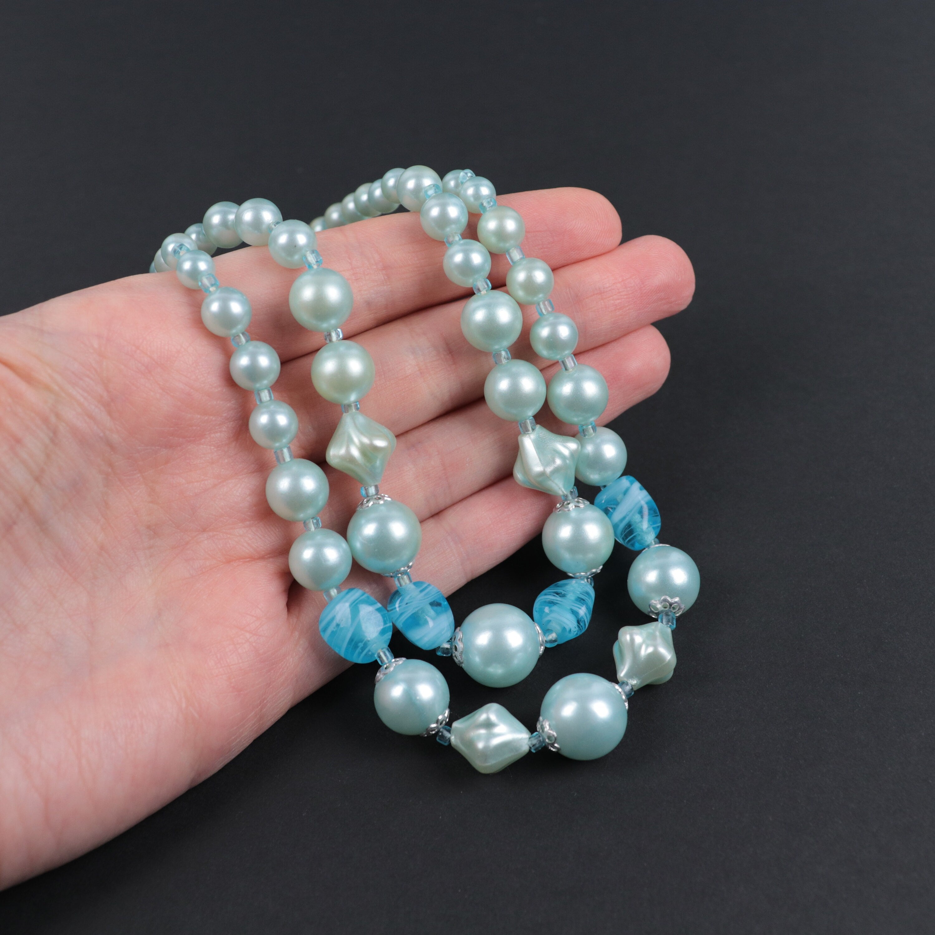 Vintage Japan double strand blue beaded necklace