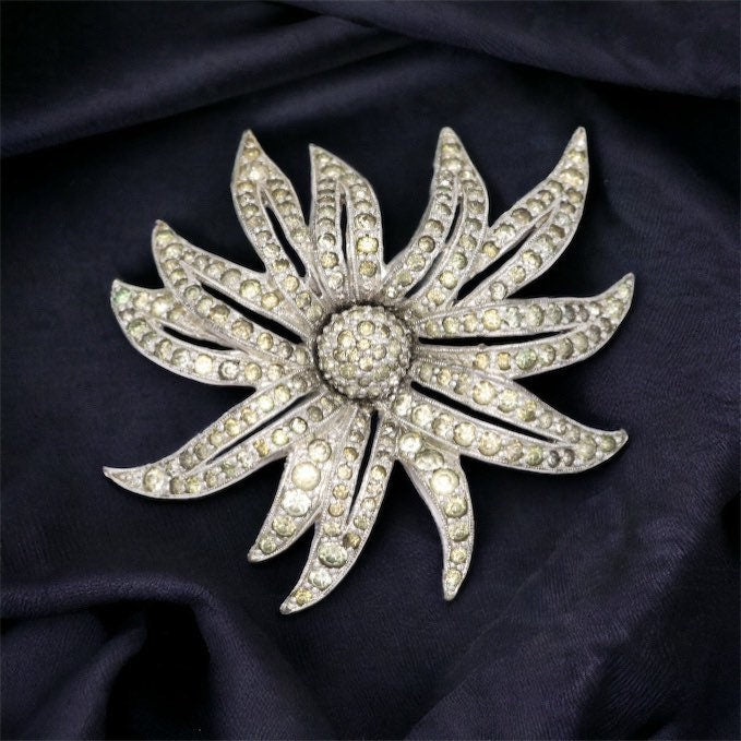 Vintage Jomaz silver-tone and rhinestone flower brooch