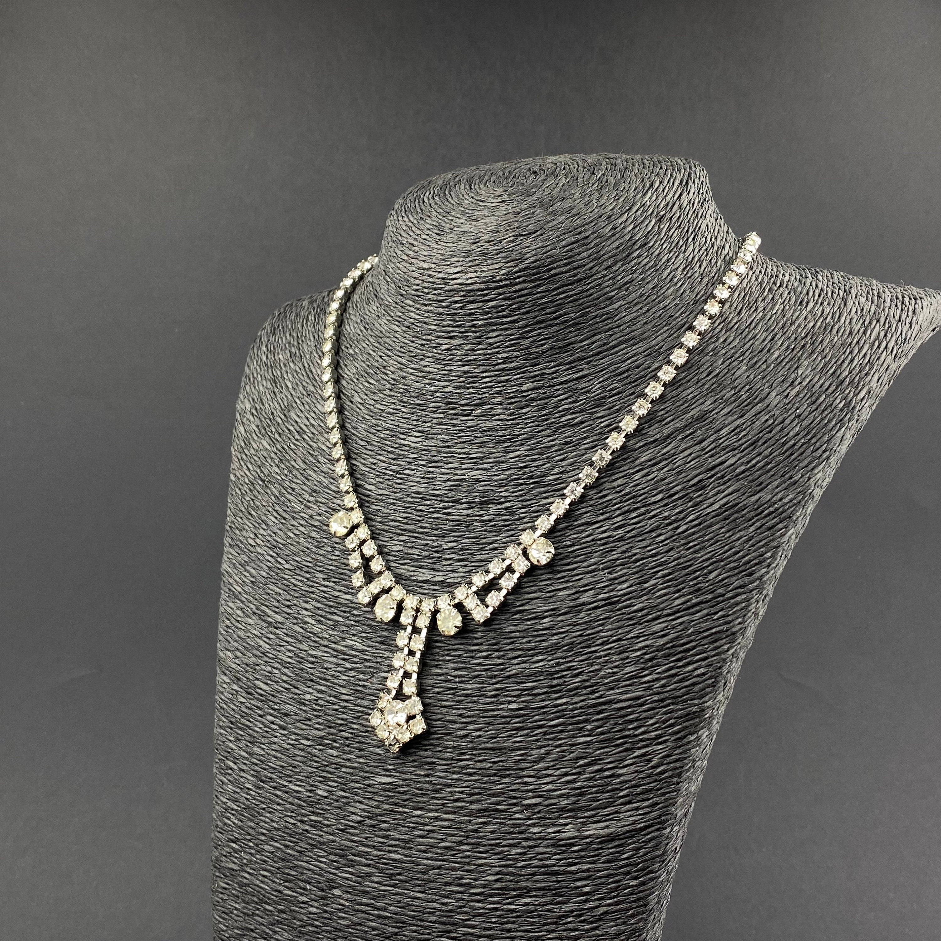 Vintage silver tone and clear crystal choker necklace