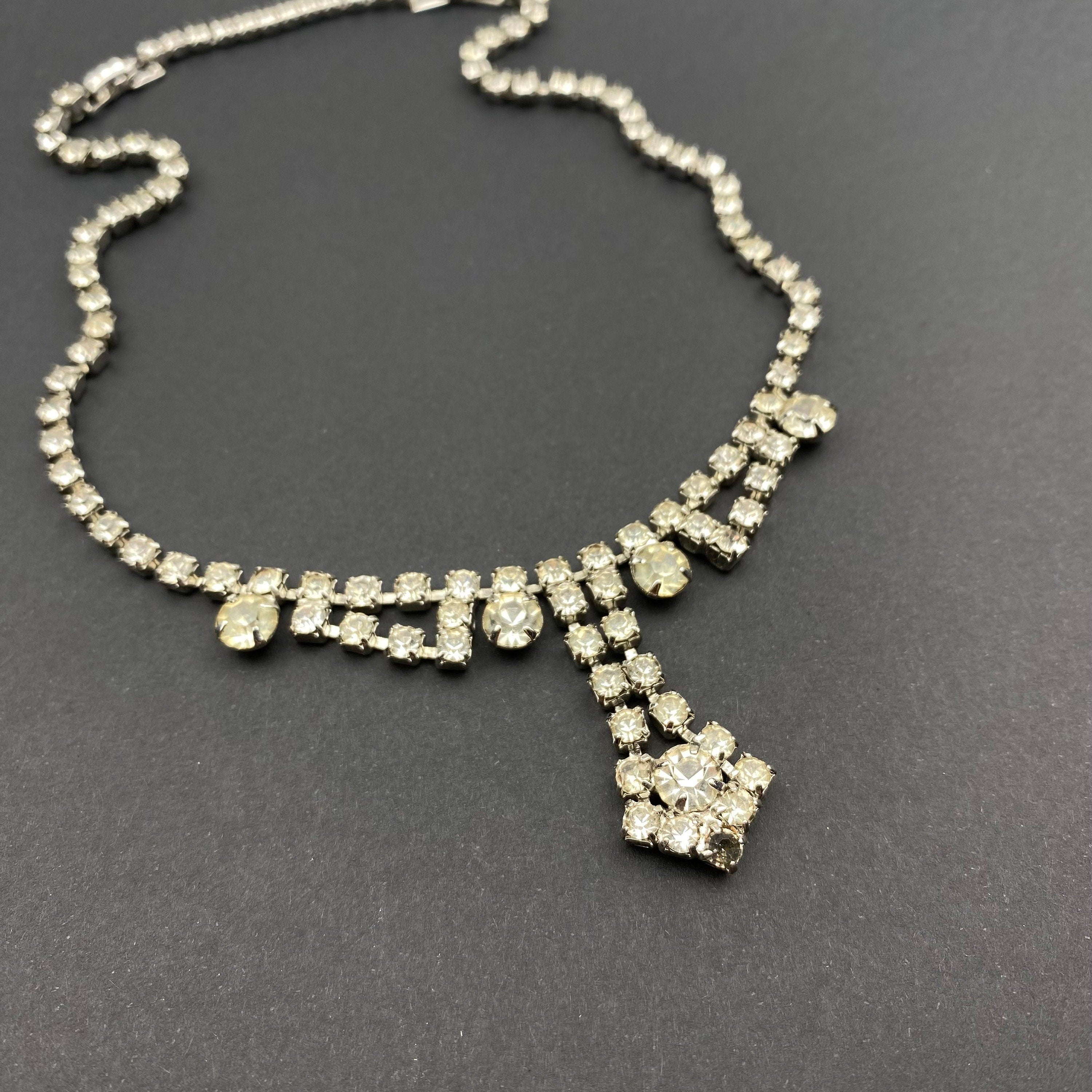 Vintage silver tone and clear crystal choker necklace