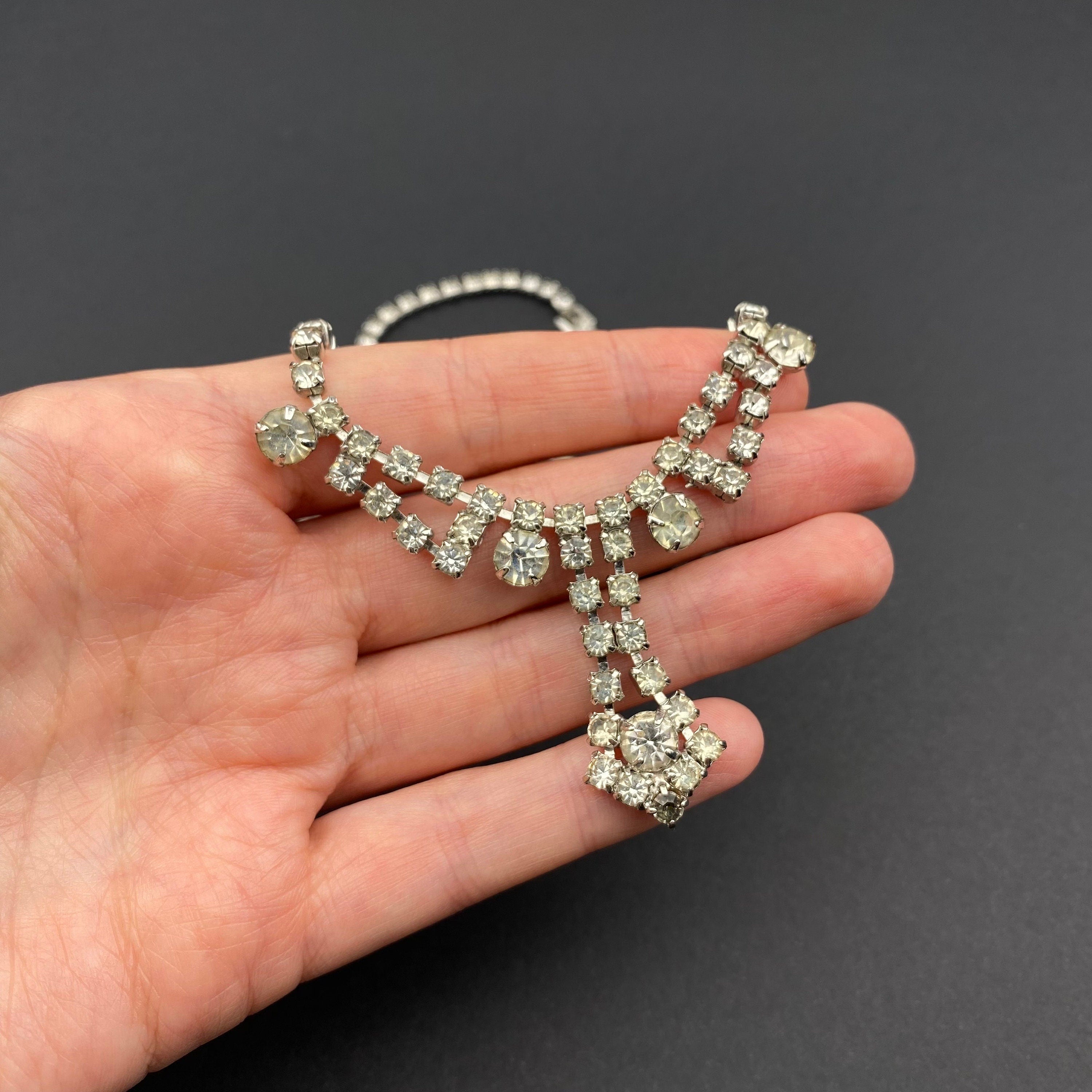 Vintage silver tone and clear crystal choker necklace