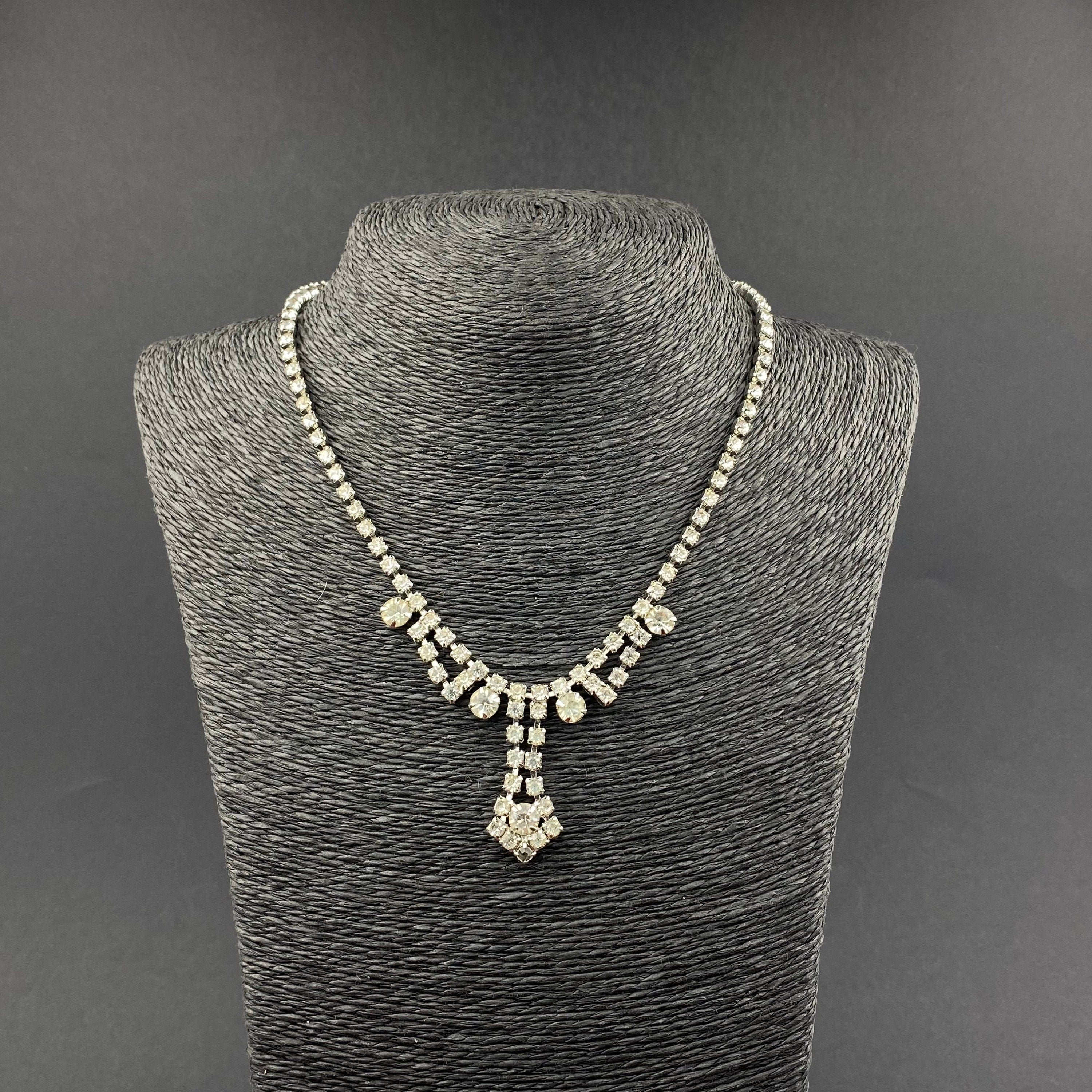 Vintage silver tone and clear crystal choker necklace