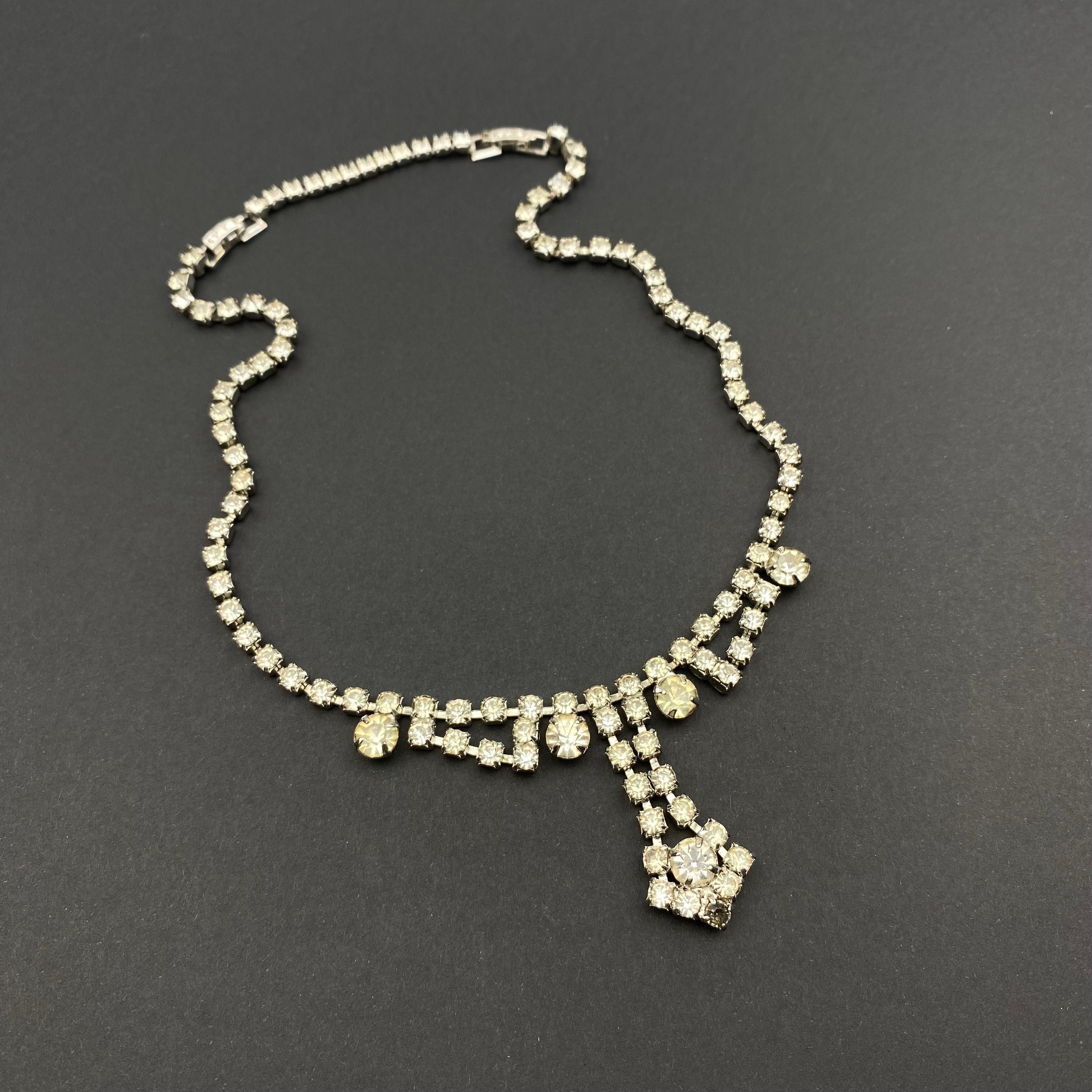 Vintage silver tone and clear crystal choker necklace
