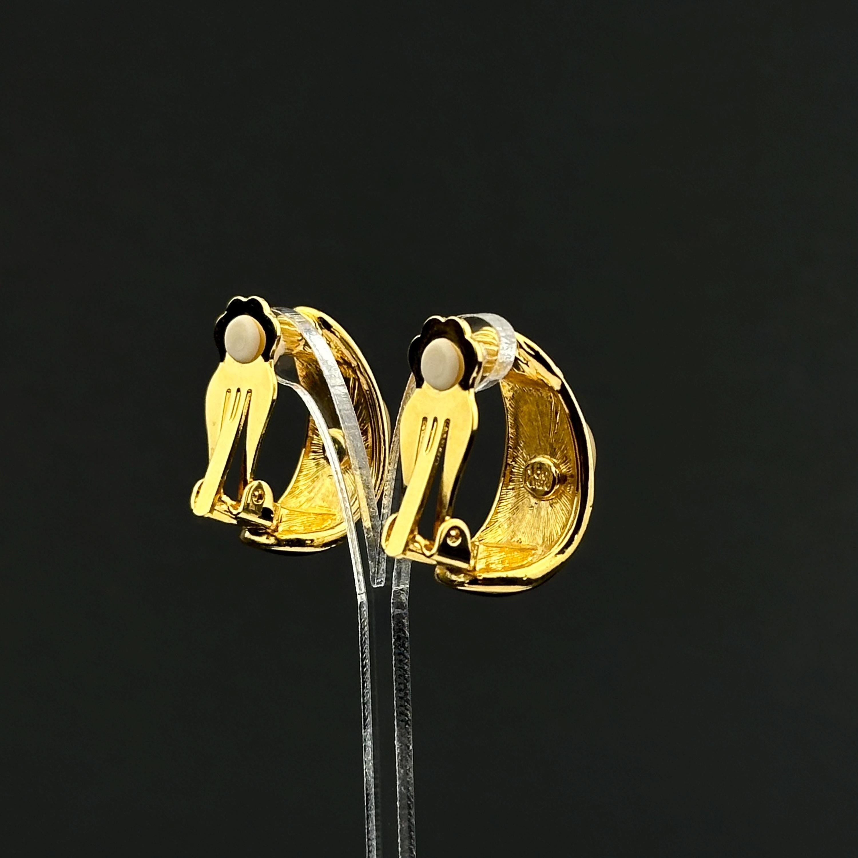 Vintage Joan Rivers black enamel rhinestone and  faux pearl hoop clip on earrings