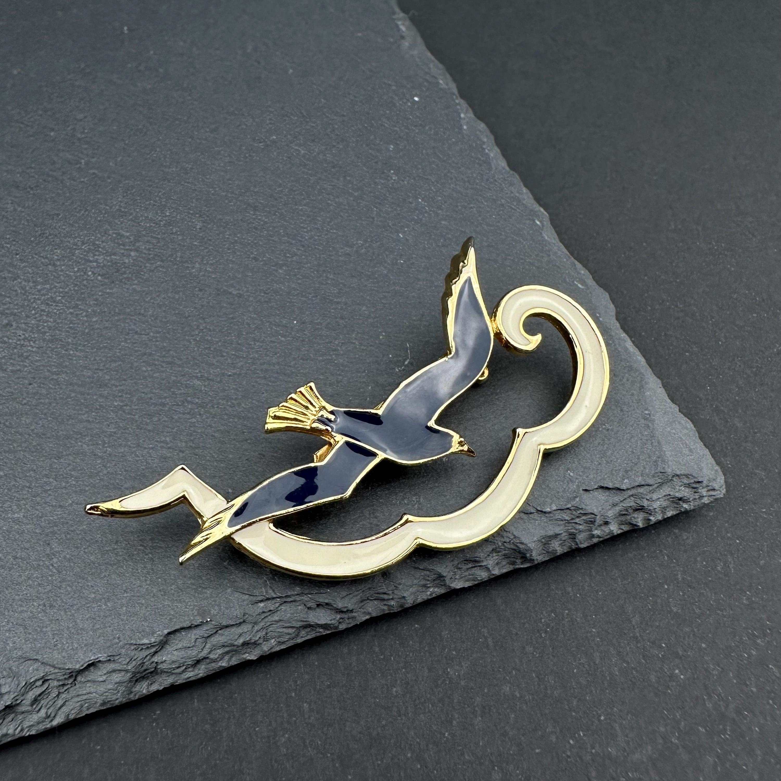 Vintage gold tone and blue enamel seagull brooch