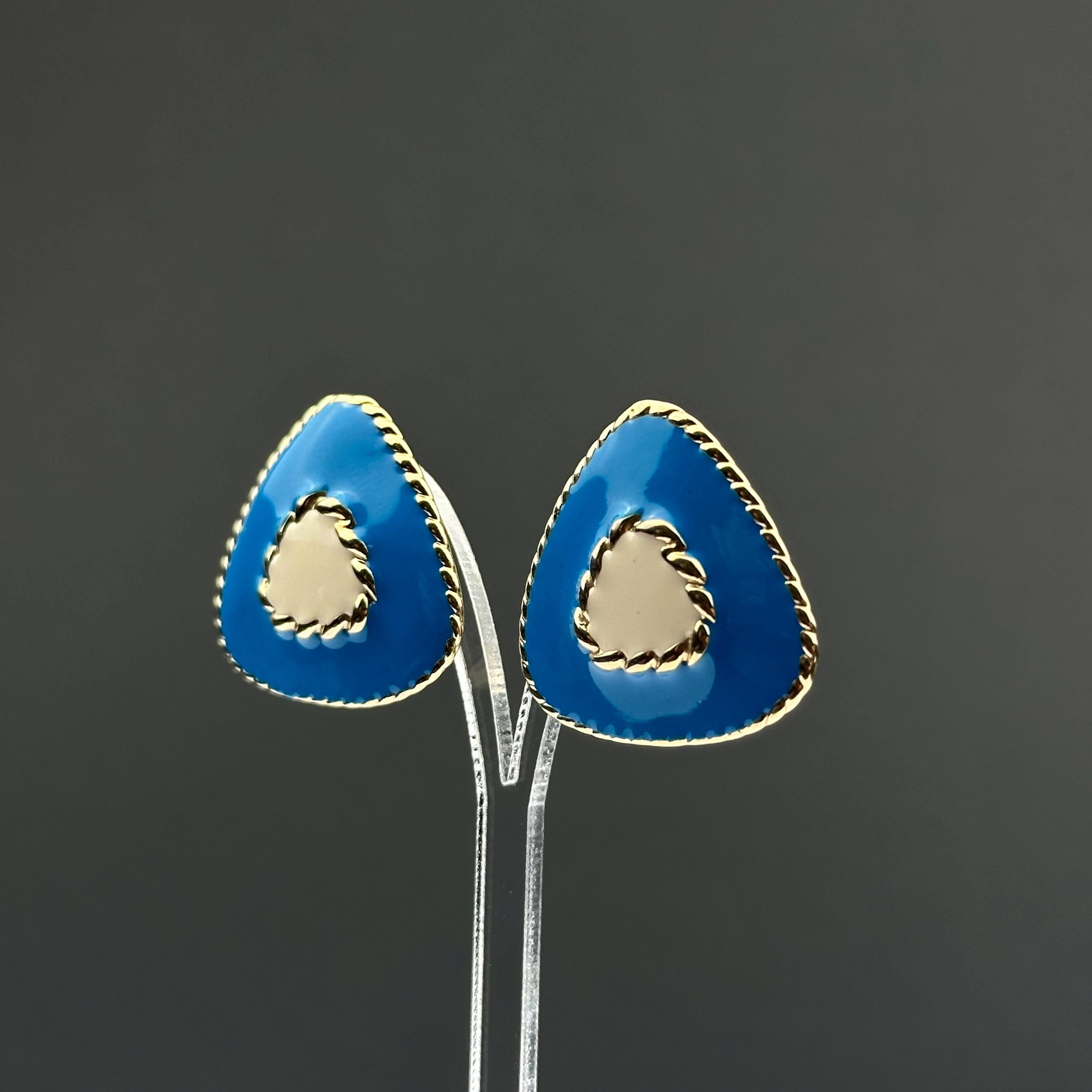 Vintage blue and beige enamel triangle earrings