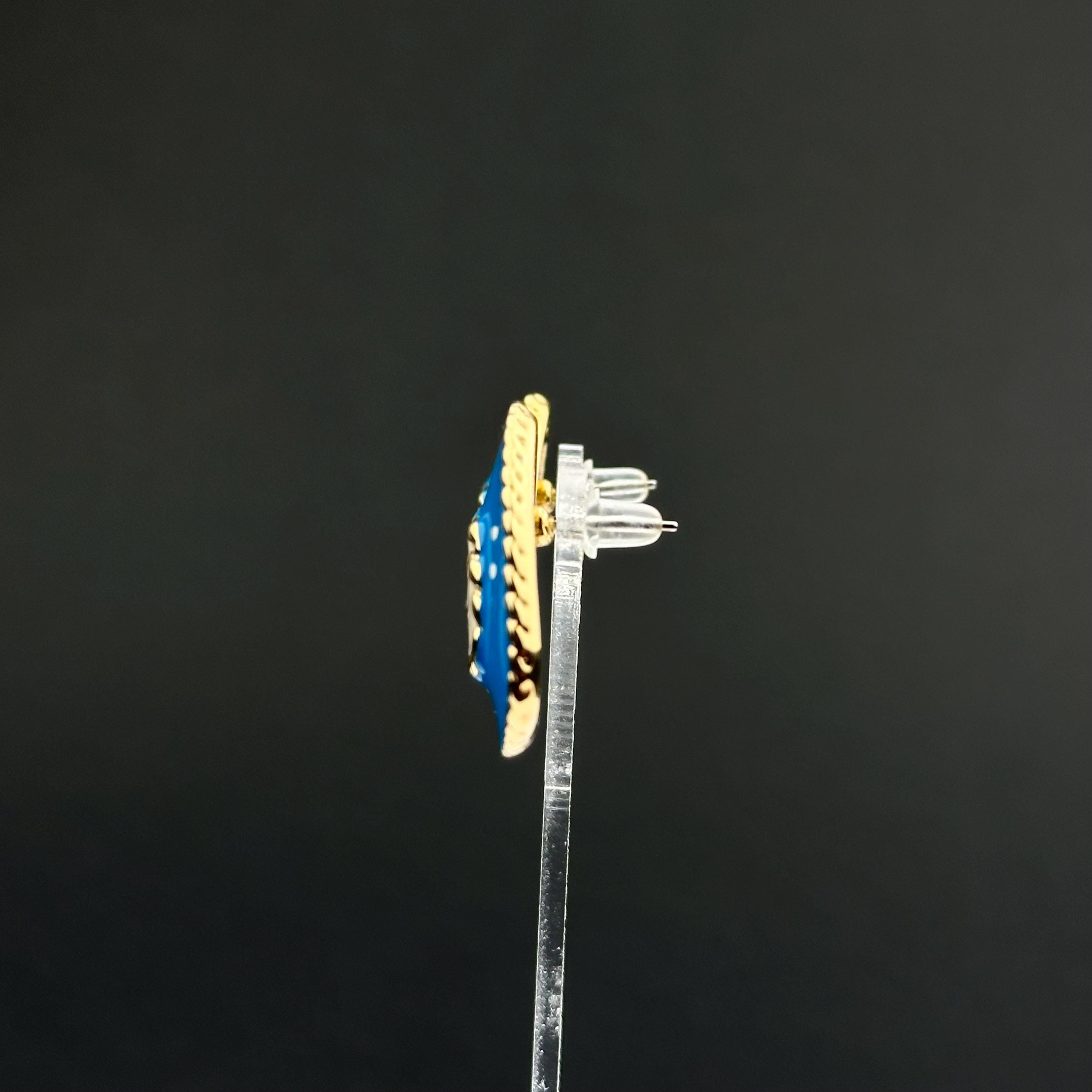 Vintage blue and beige enamel triangle earrings