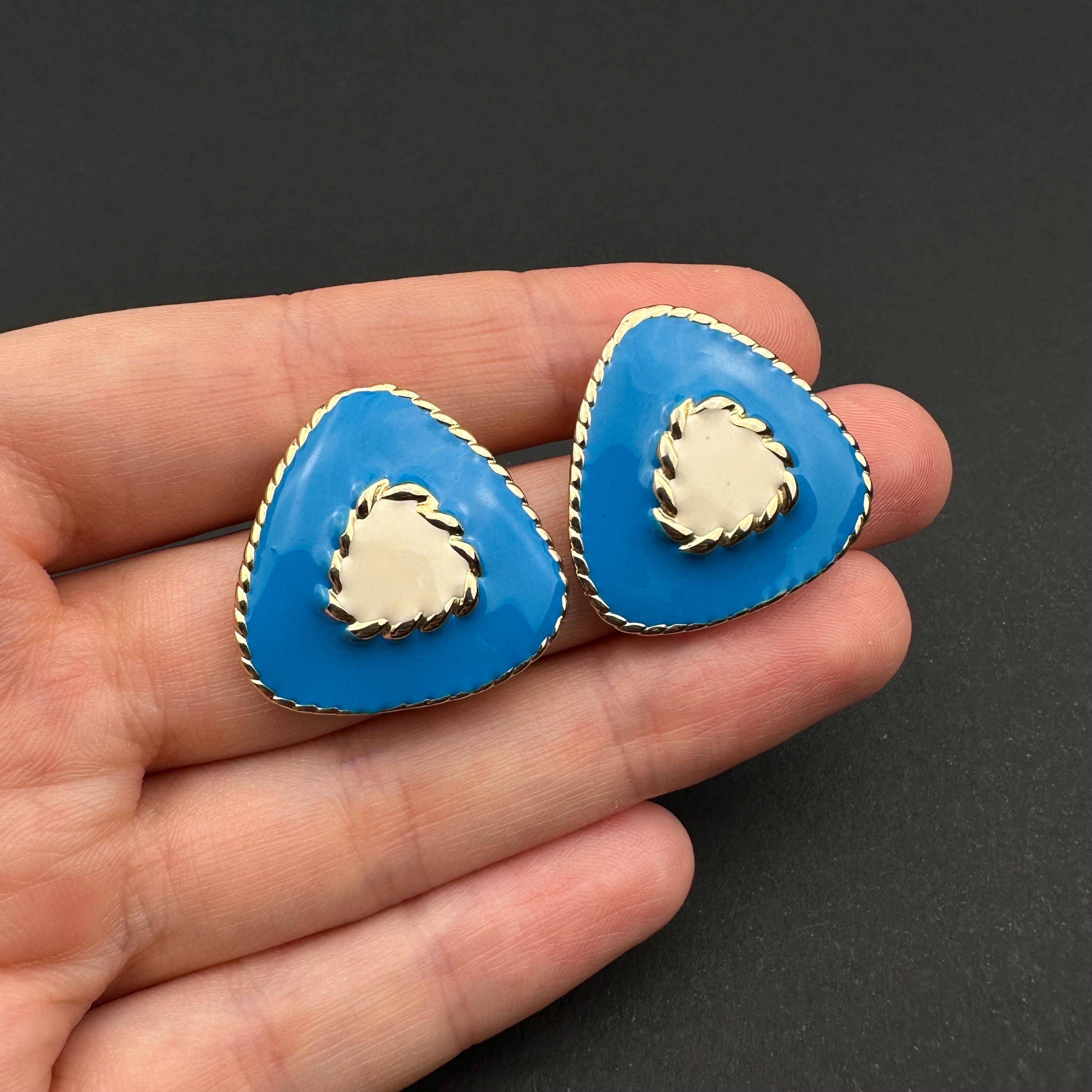 Vintage blue and beige enamel triangle earrings