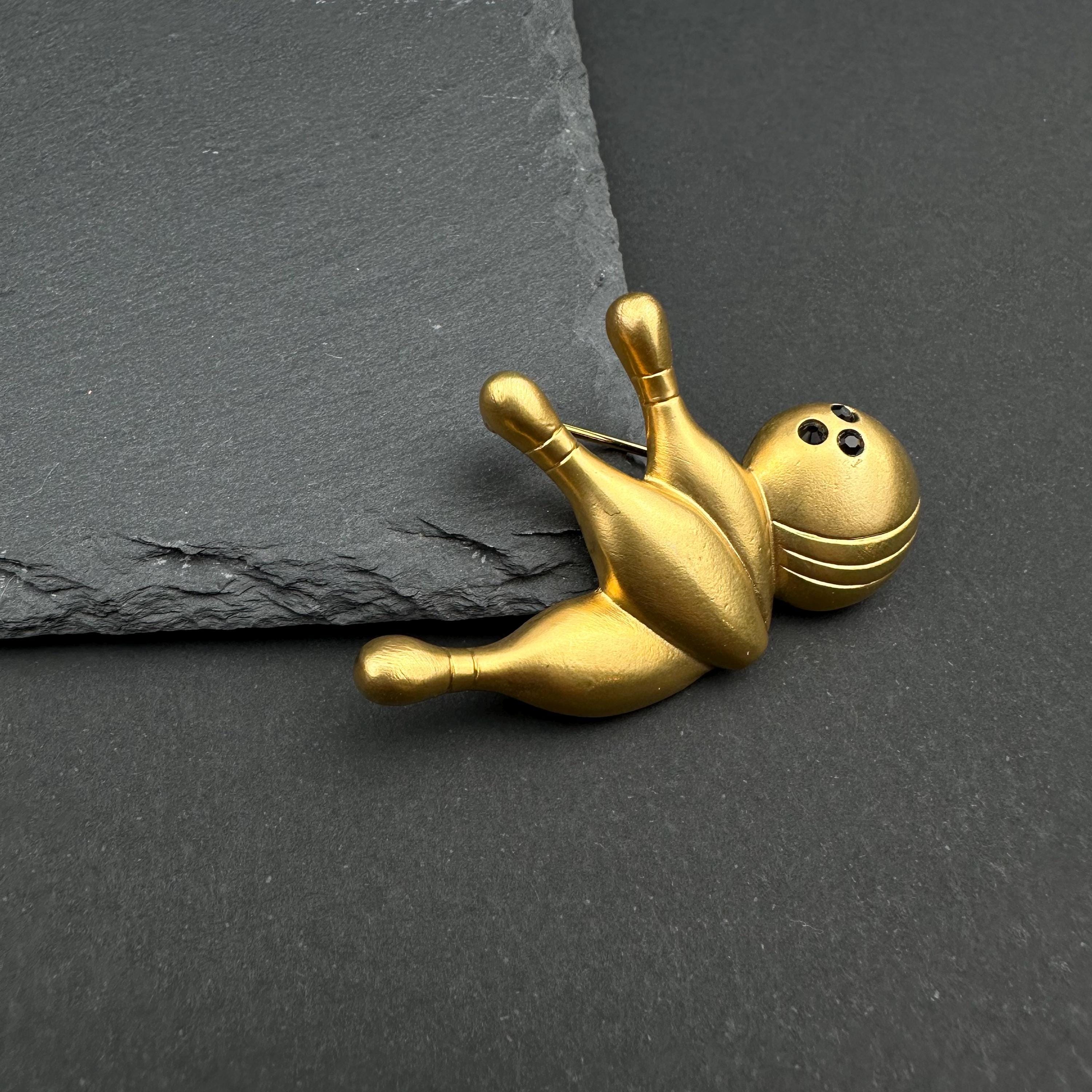 Vintage Avon matte gold tone bowling brooch "My Favorite Hobby"