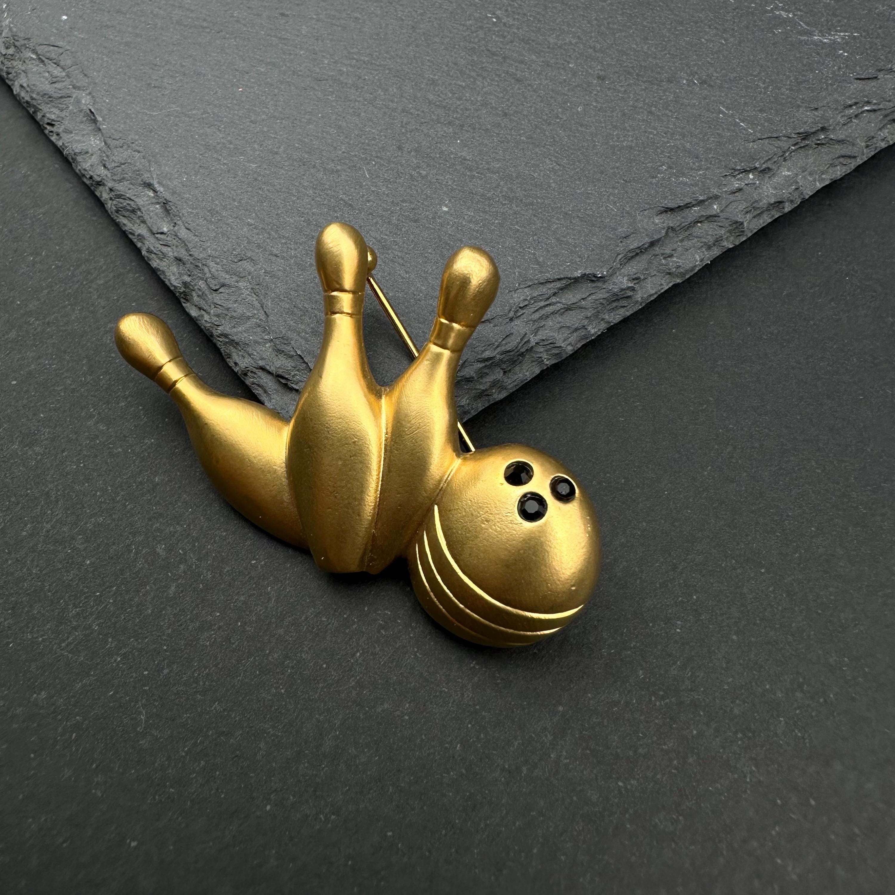 Vintage Avon matte gold tone bowling brooch "My Favorite Hobby"