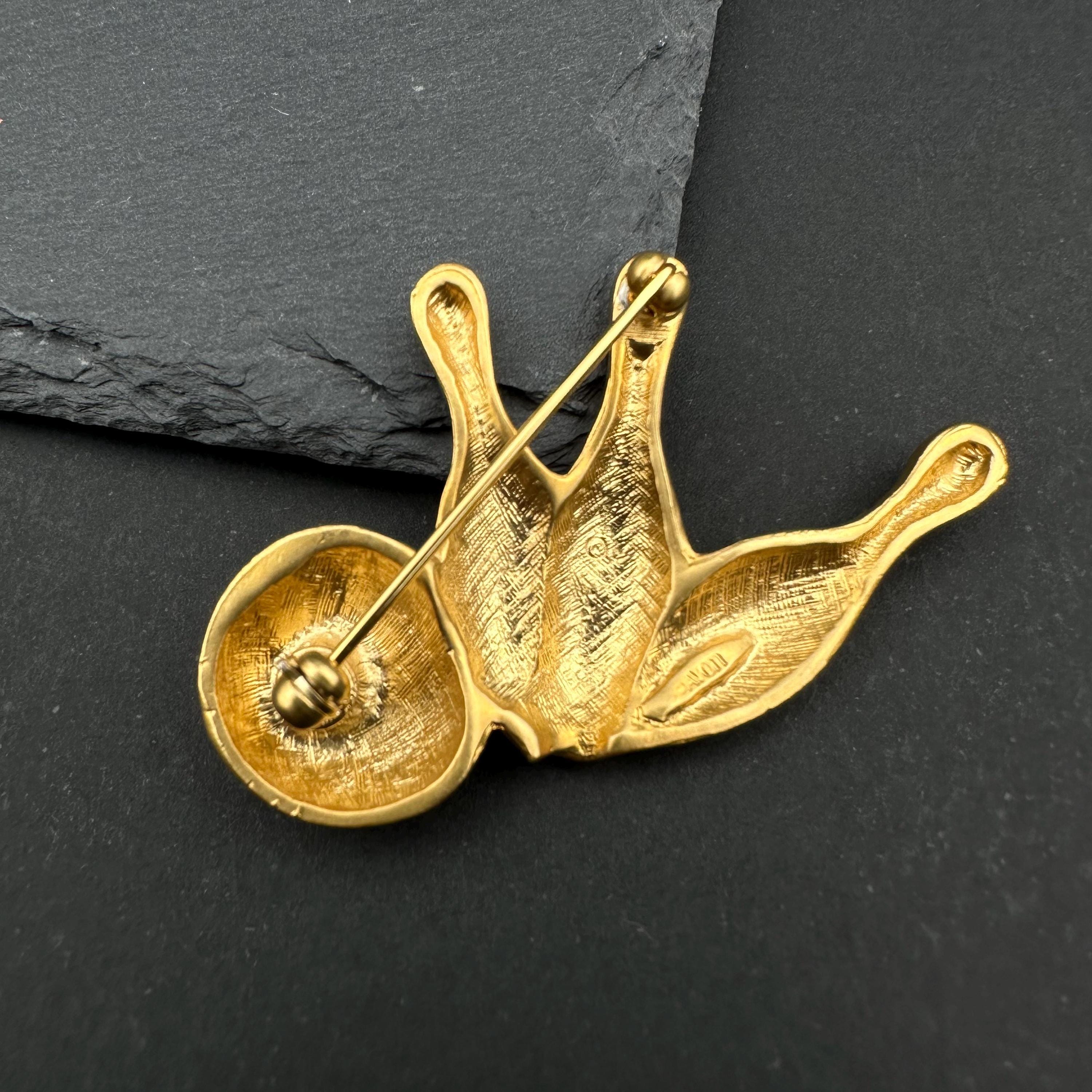 Vintage Avon matte gold tone bowling brooch "My Favorite Hobby"
