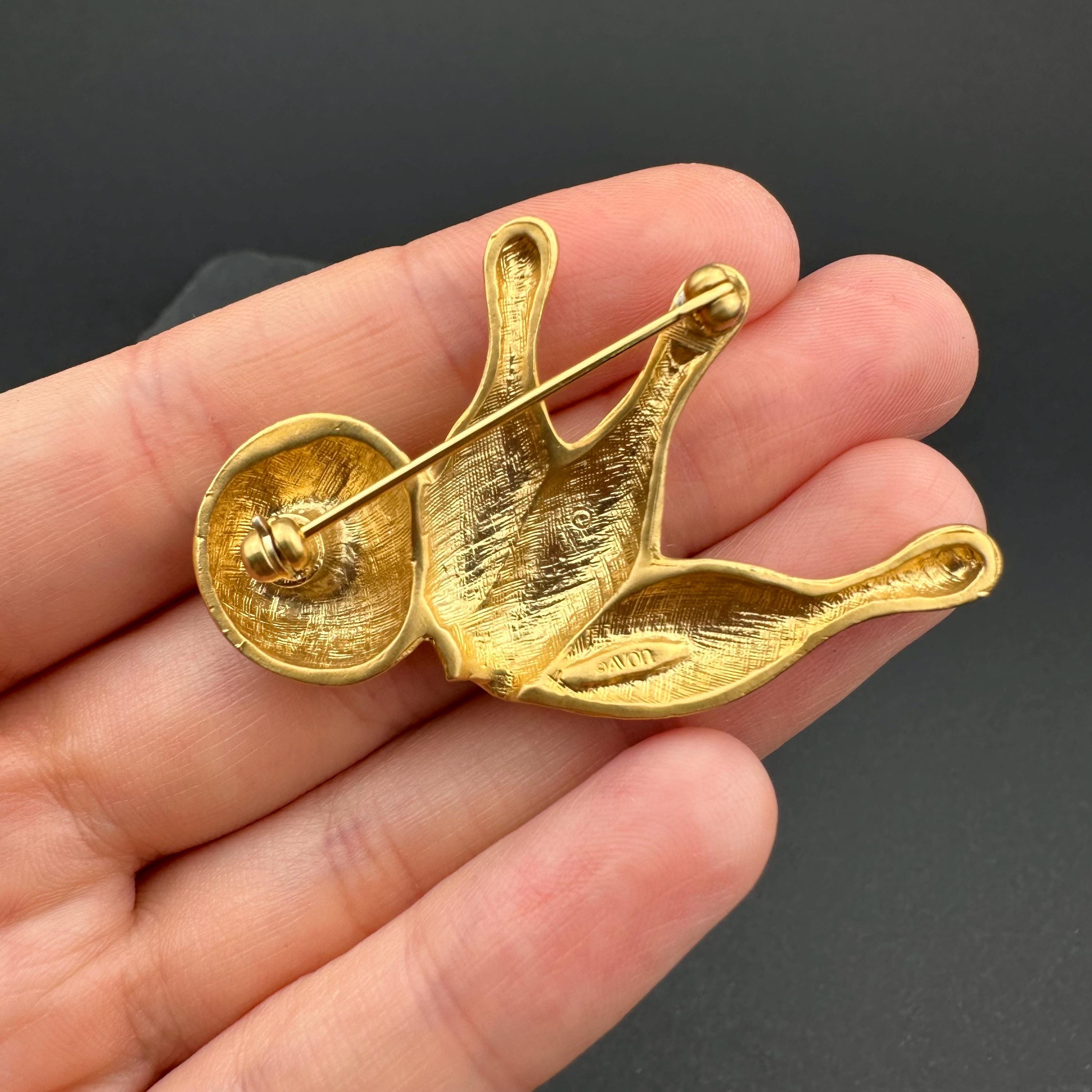 Vintage Avon matte gold tone bowling brooch "My Favorite Hobby"