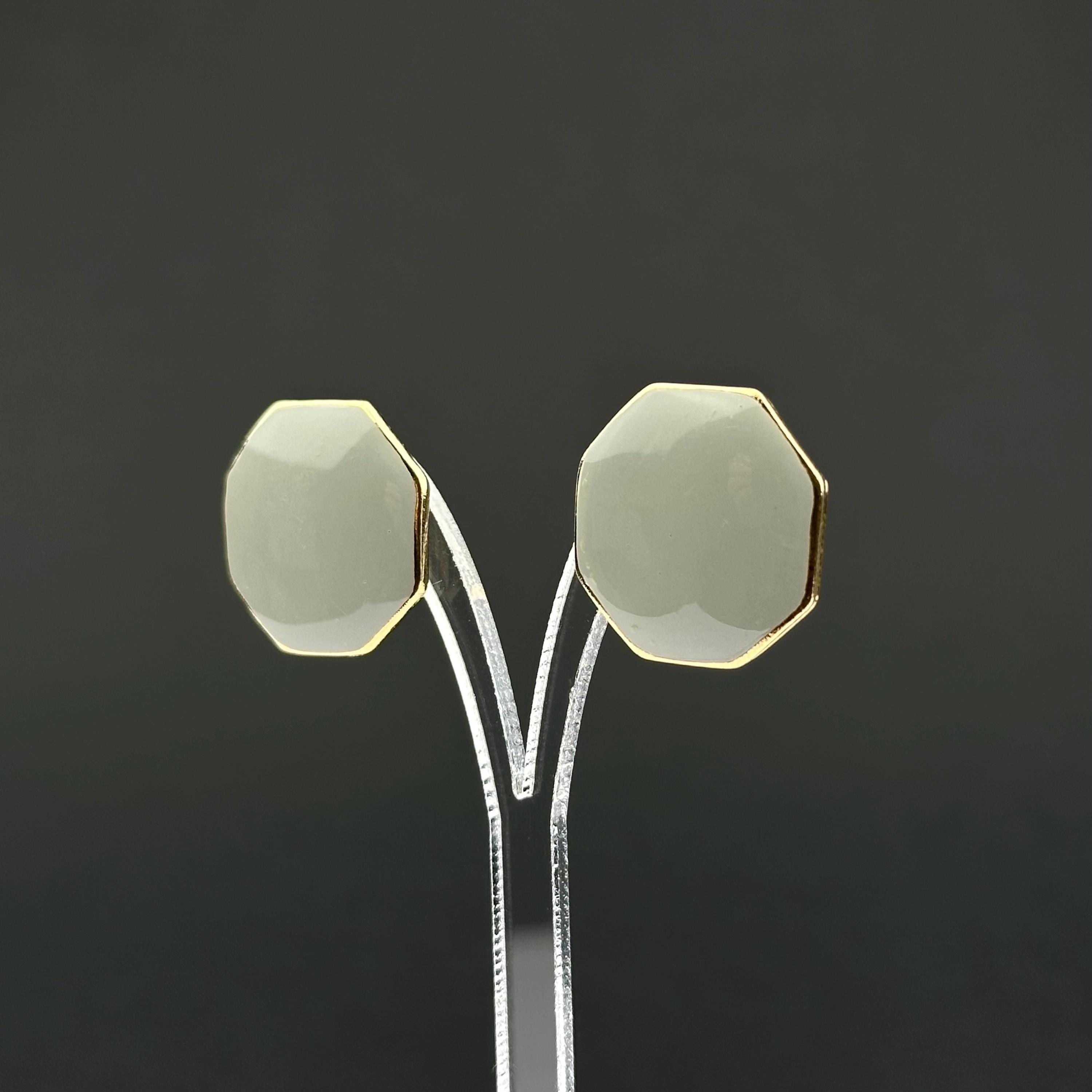 Vintage octagon gold tone & gray emanel earrings