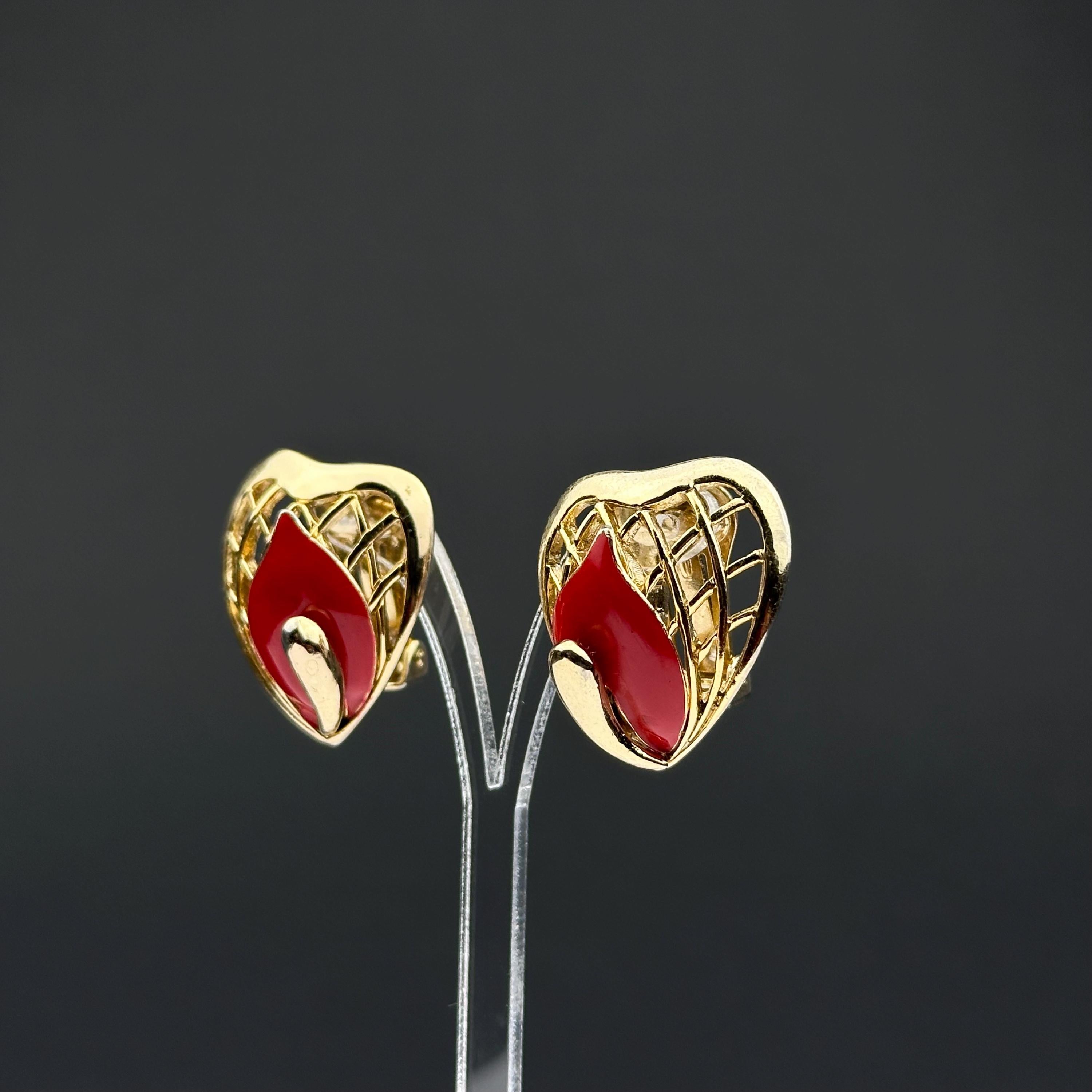 Vintage Balenciaga Paris gold tone and red enamel clip on earrings