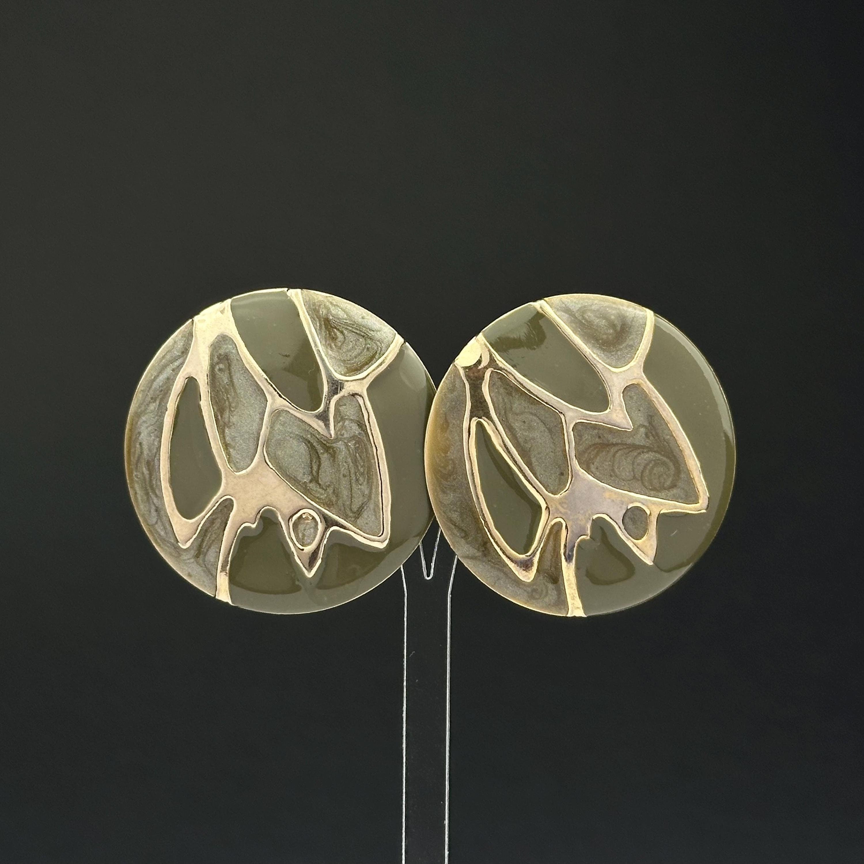 Vintage gold tone and green enamel round earrings