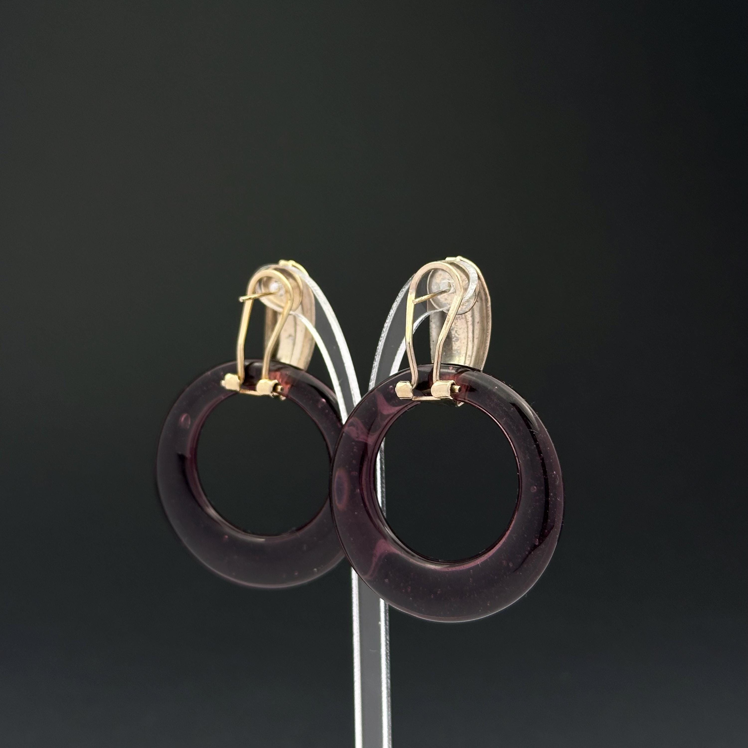 Vintage gold tone and purple glass door knocker earrings