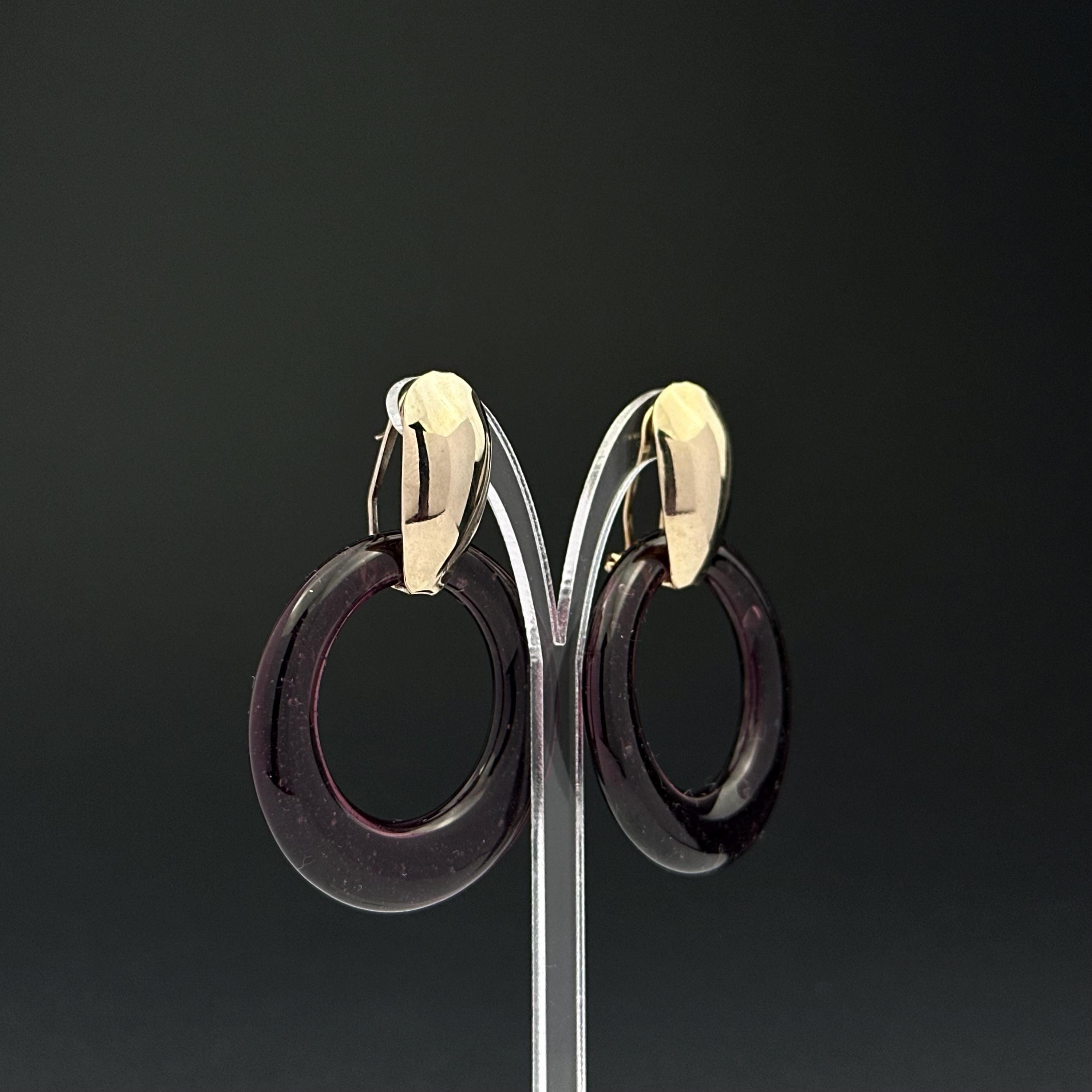 Vintage gold tone and purple glass door knocker earrings