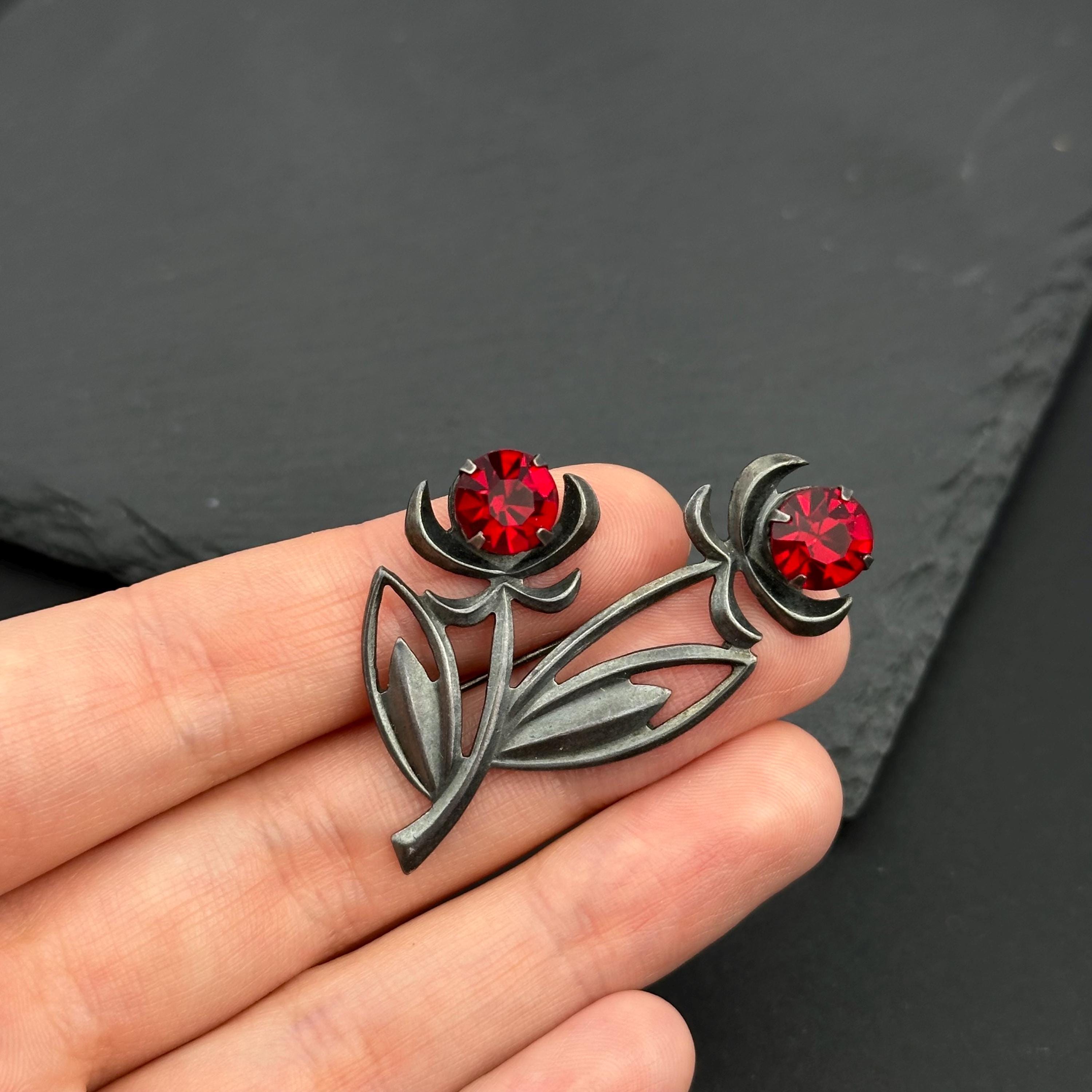Vintage USSR silver - tone and red crystal rosebud brooch