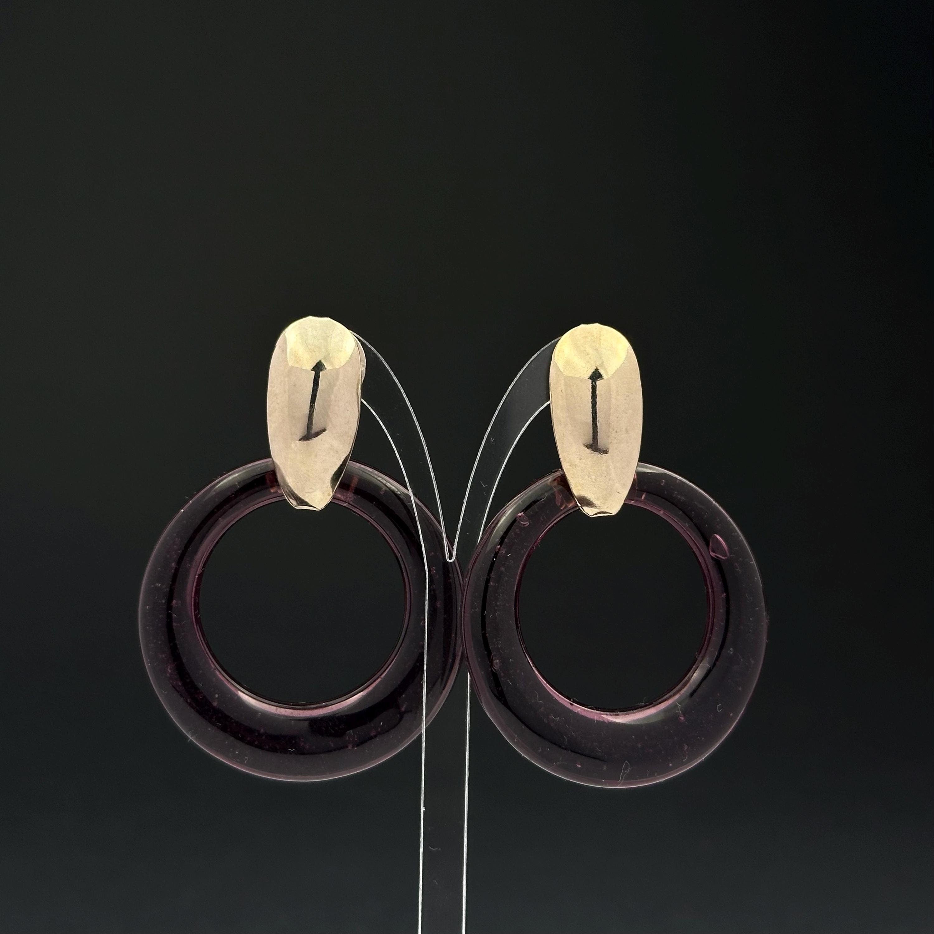 Vintage gold tone and purple glass door knocker earrings