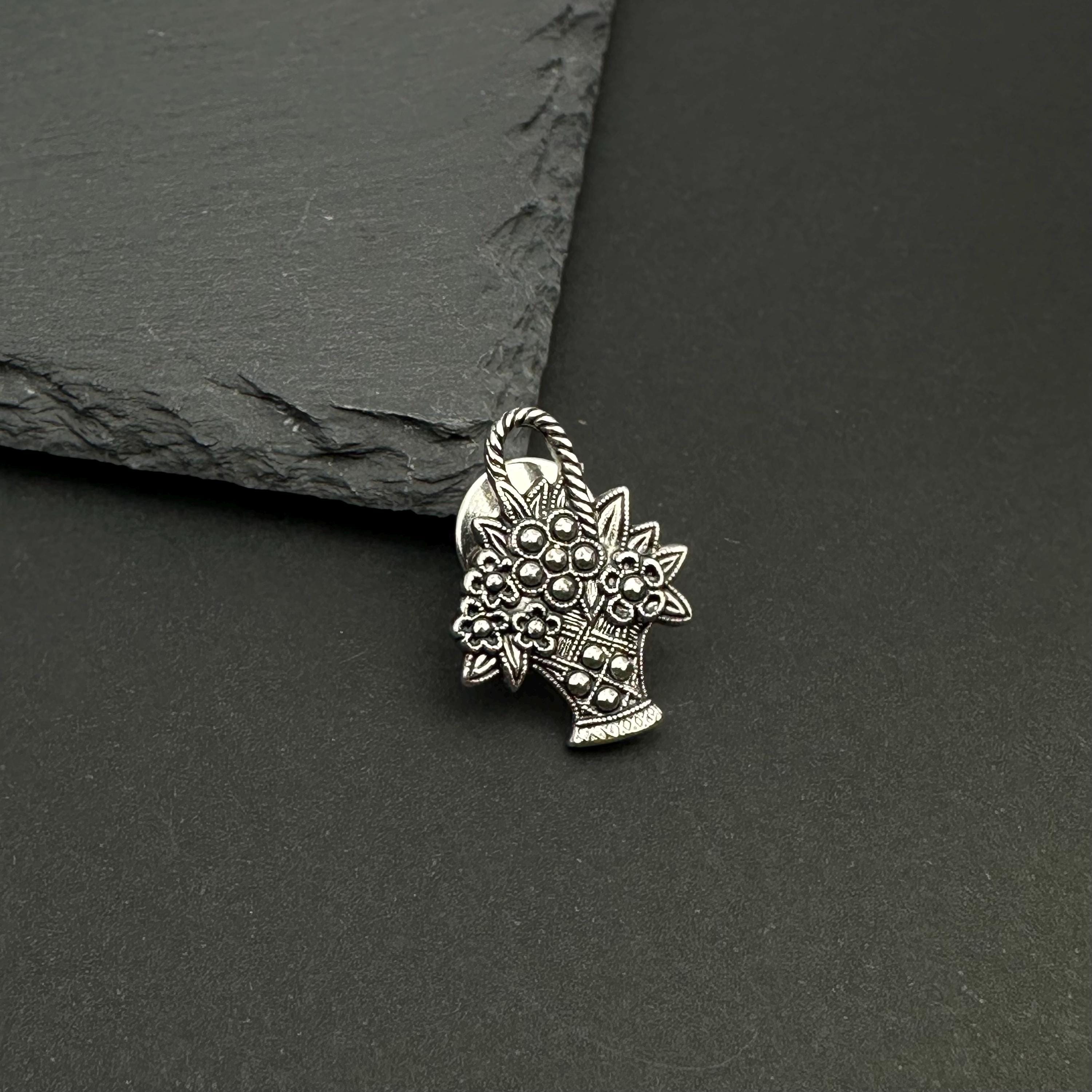 Vintage AVON silver tone flower basket lapel pin