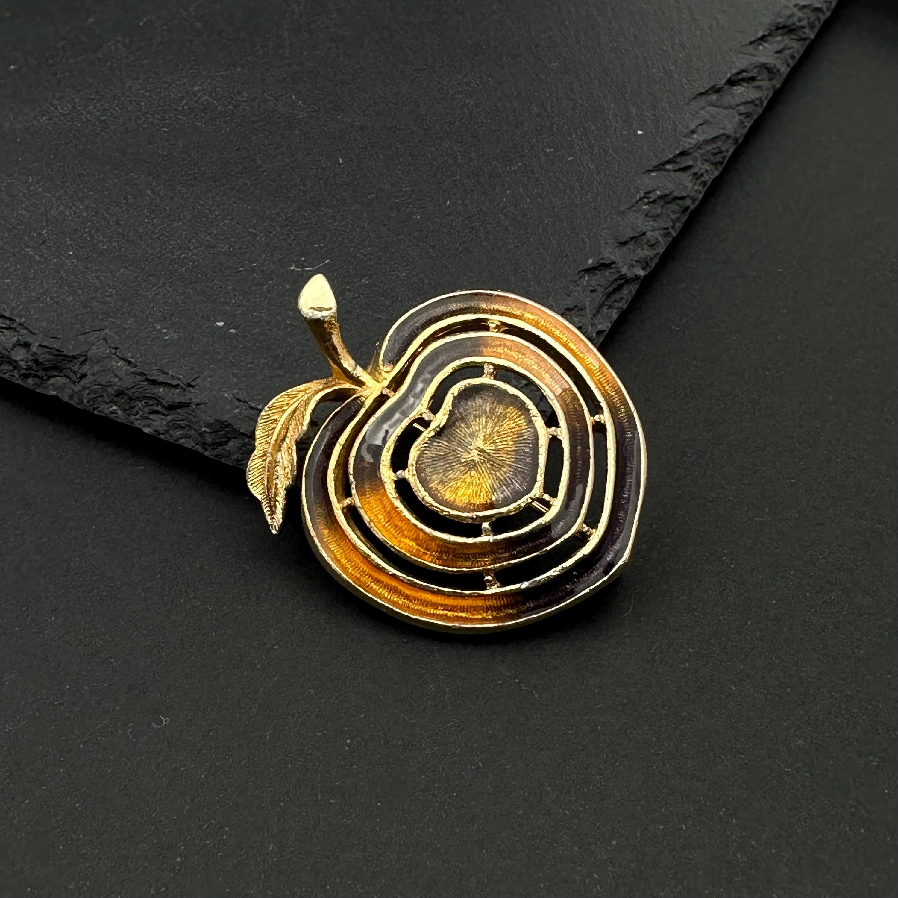 Vintage gold tone and brown enamel apple brooch