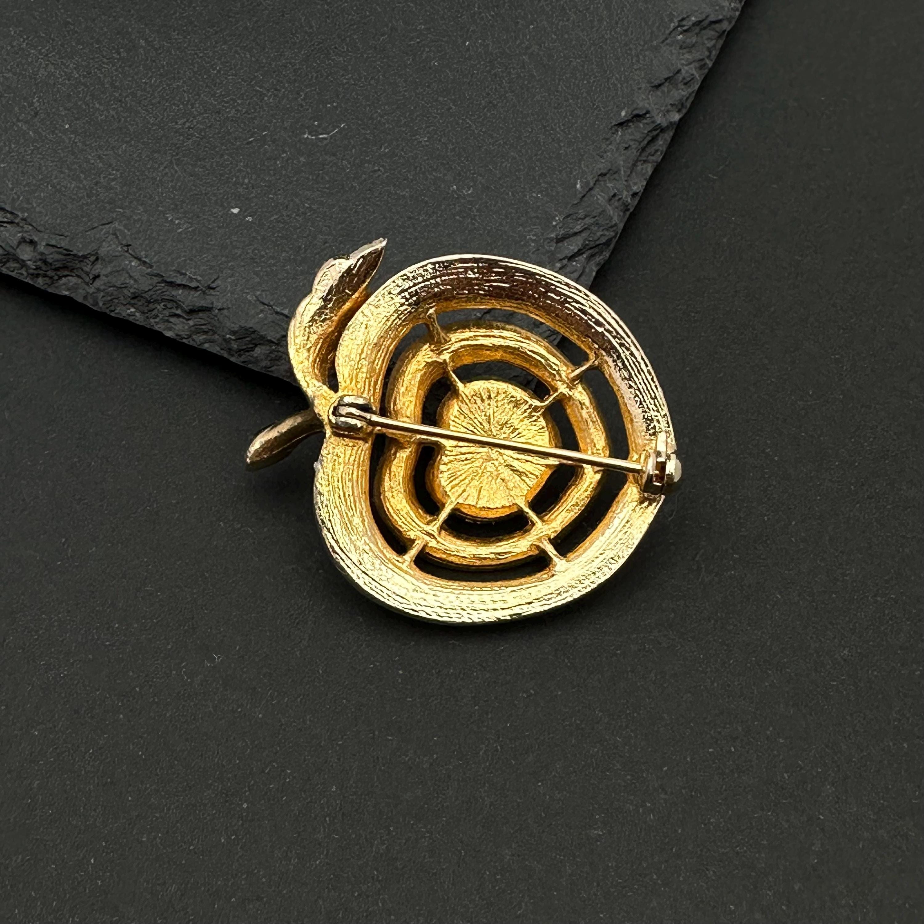 Vintage gold tone and brown enamel apple brooch