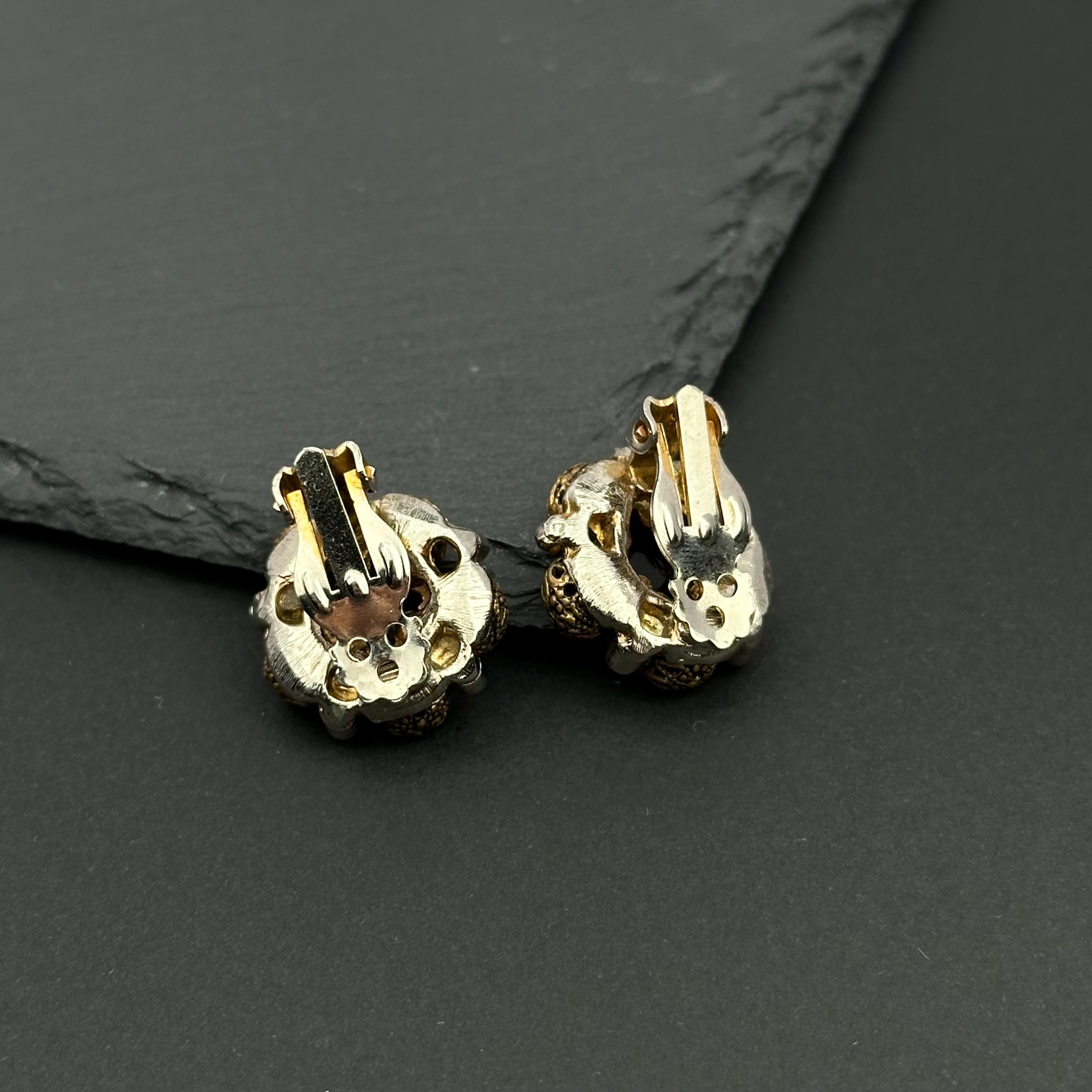 Vintage bronze tone and black crystal filigree clip-on earrings