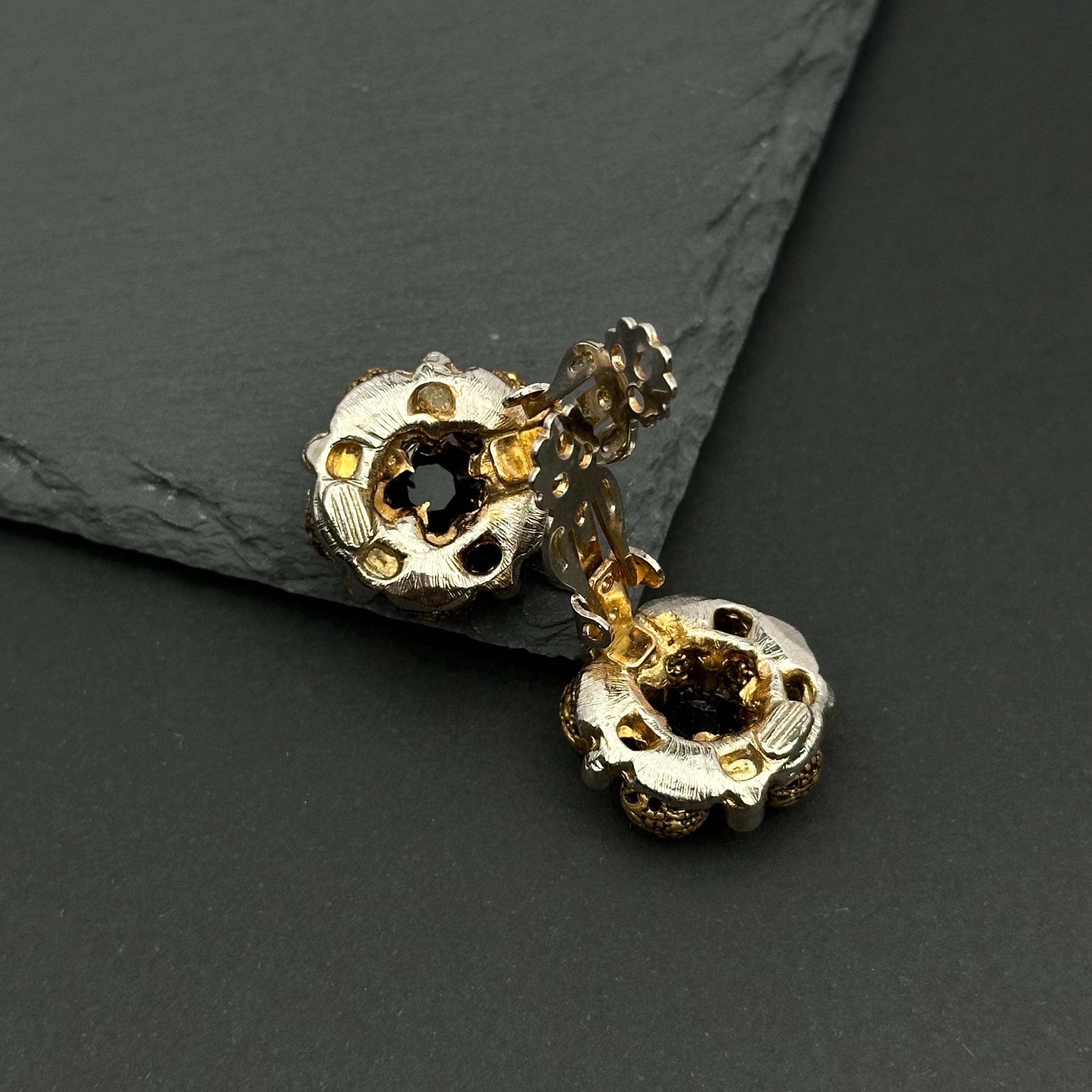 Vintage bronze tone and black crystal filigree clip-on earrings