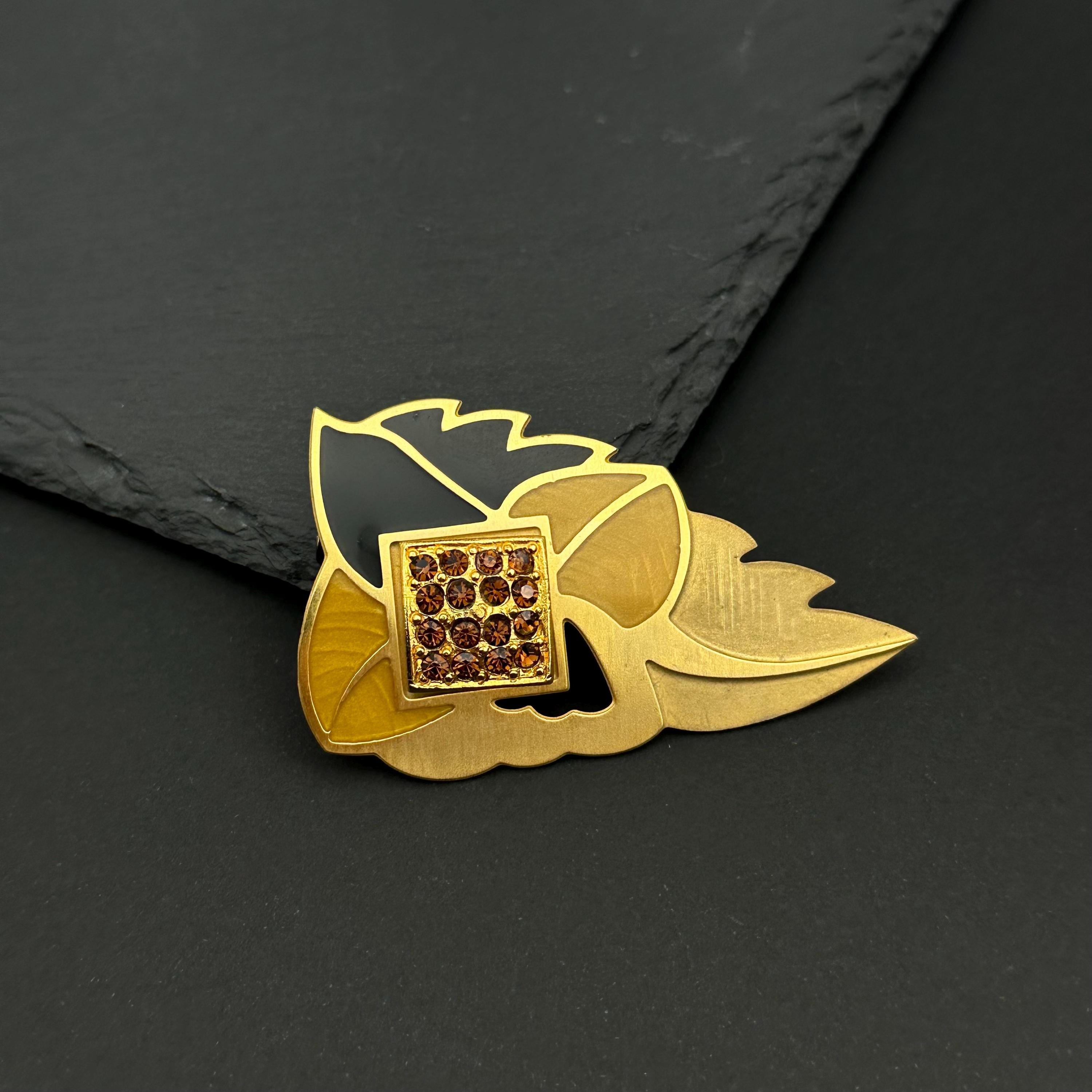 Vintage Berebi gold tone enamel rhinestone leaf brooch