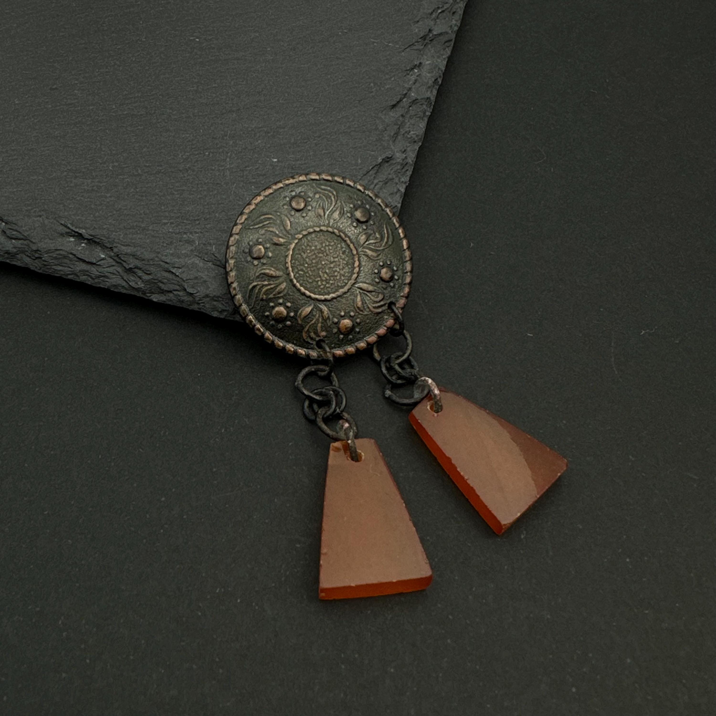 Vintage USSR copper-tone resin dangle pin brooch