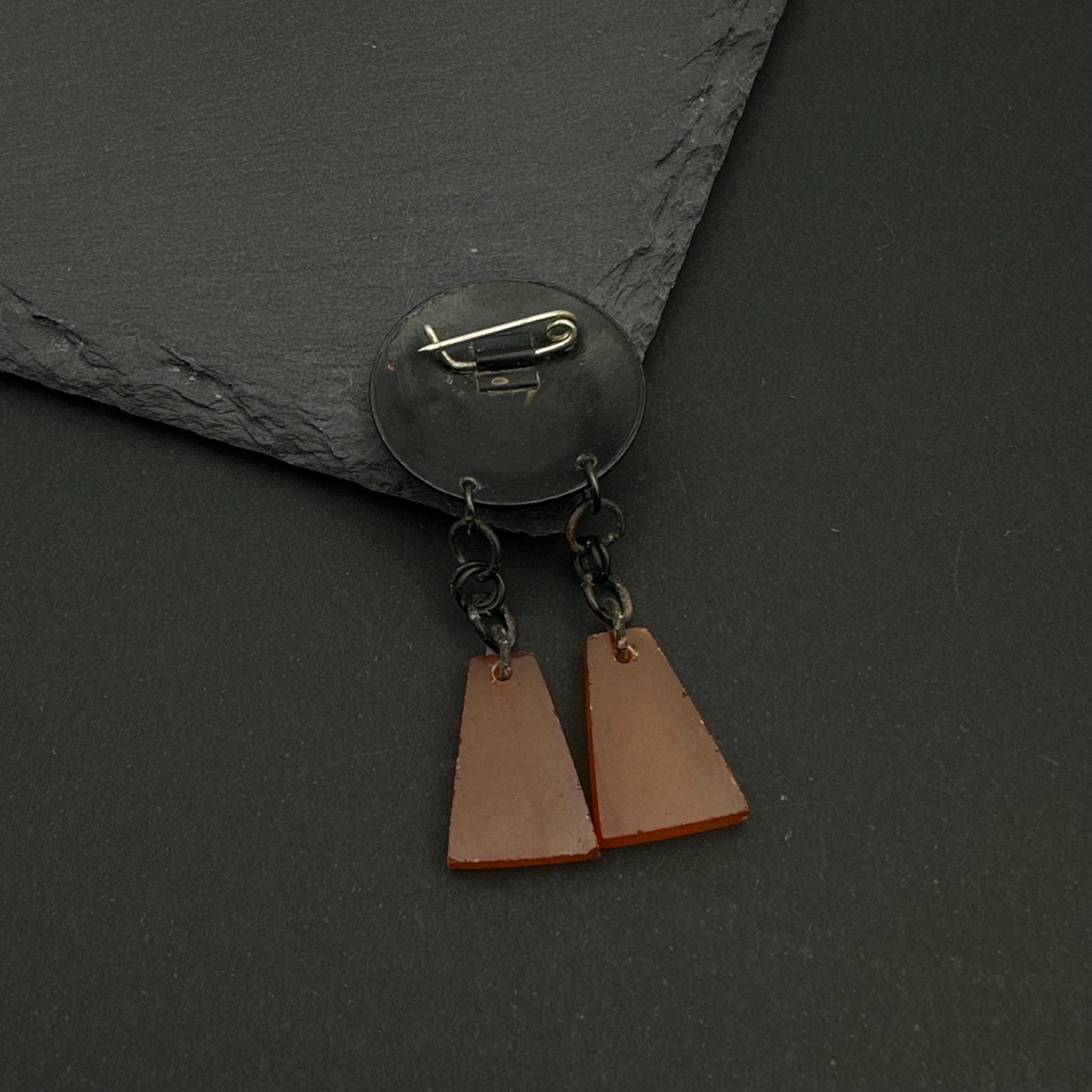 Vintage USSR copper-tone resin dangle pin brooch