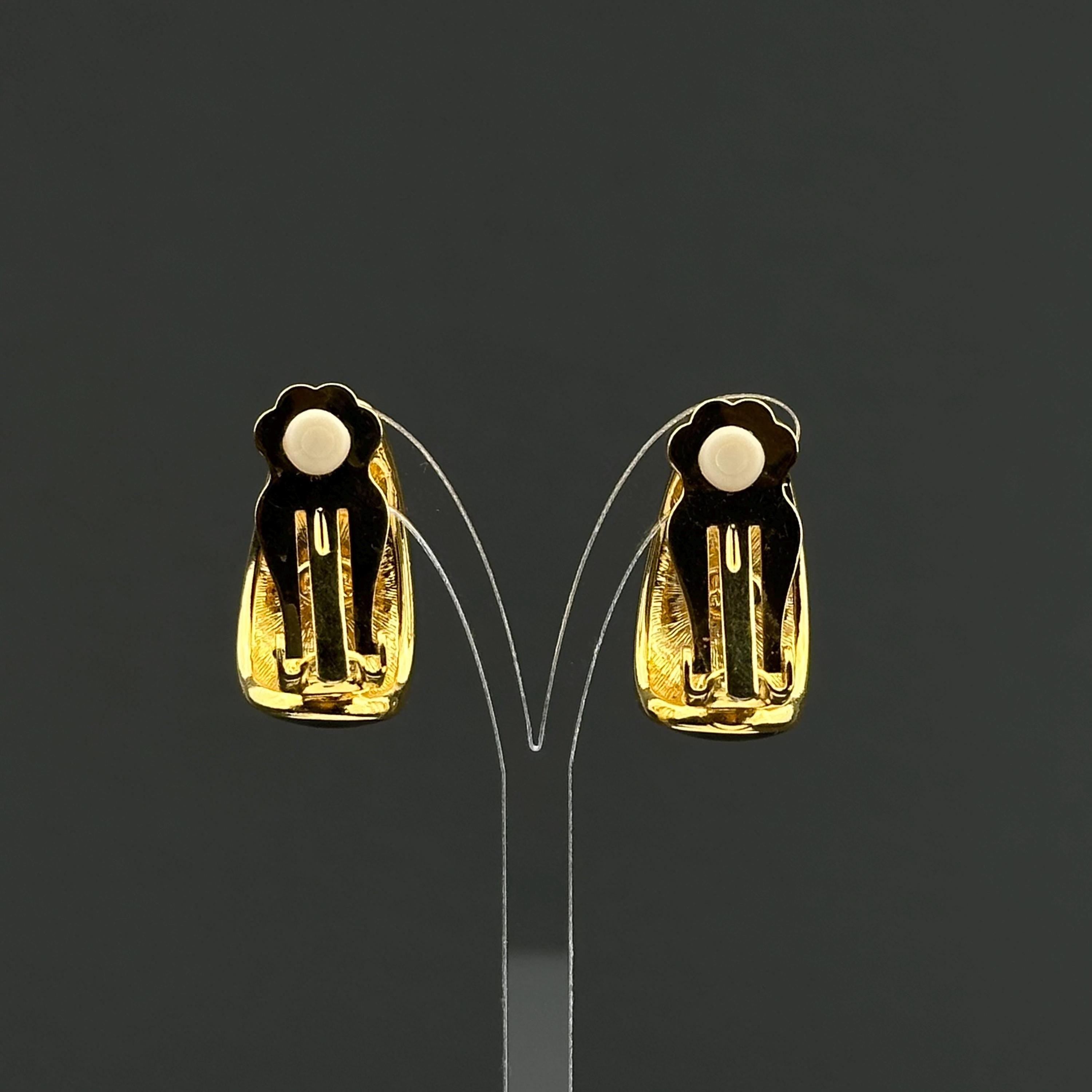 Vintage Joan Rivers black enamel rhinestone and  faux pearl hoop clip on earrings