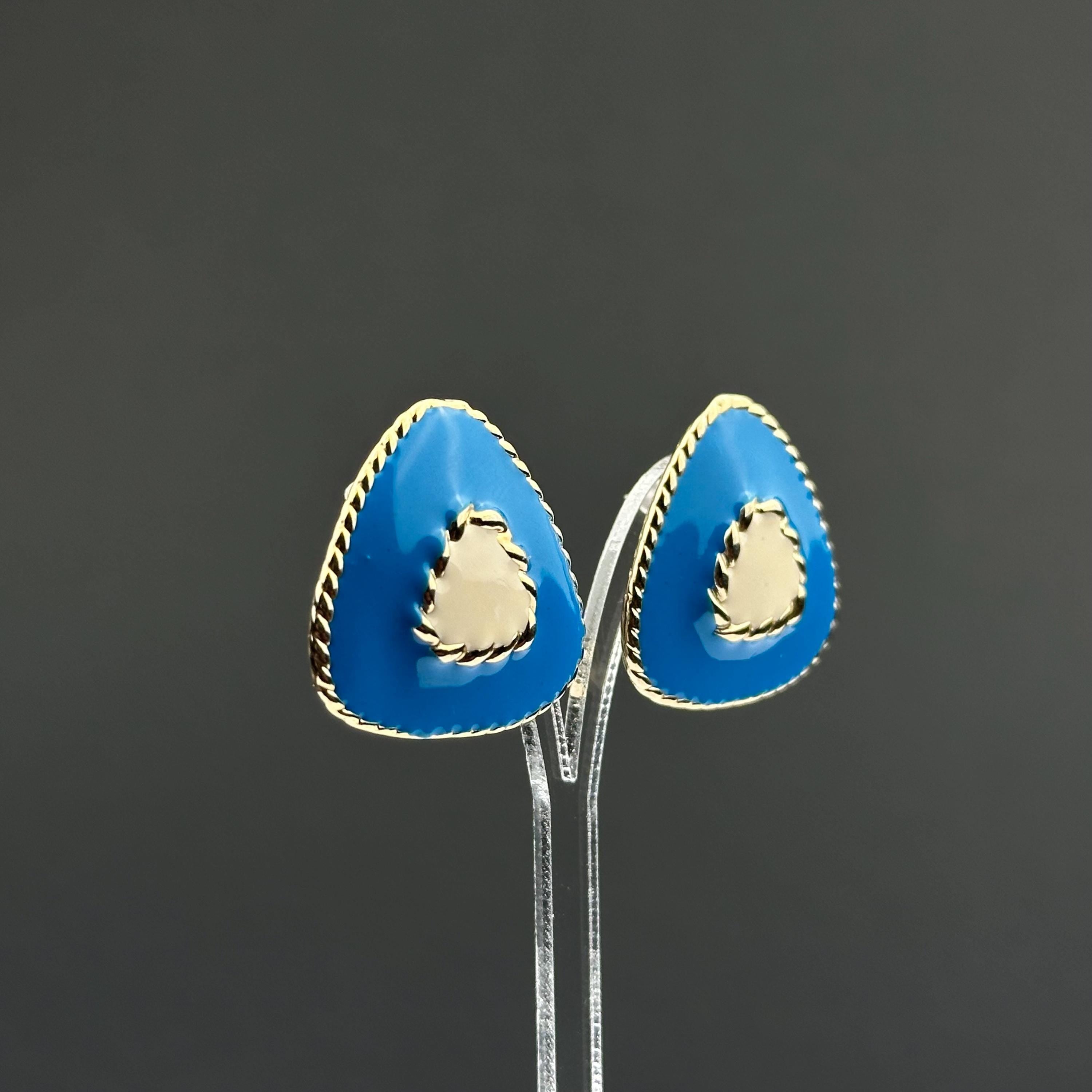 Vintage blue and beige enamel triangle earrings