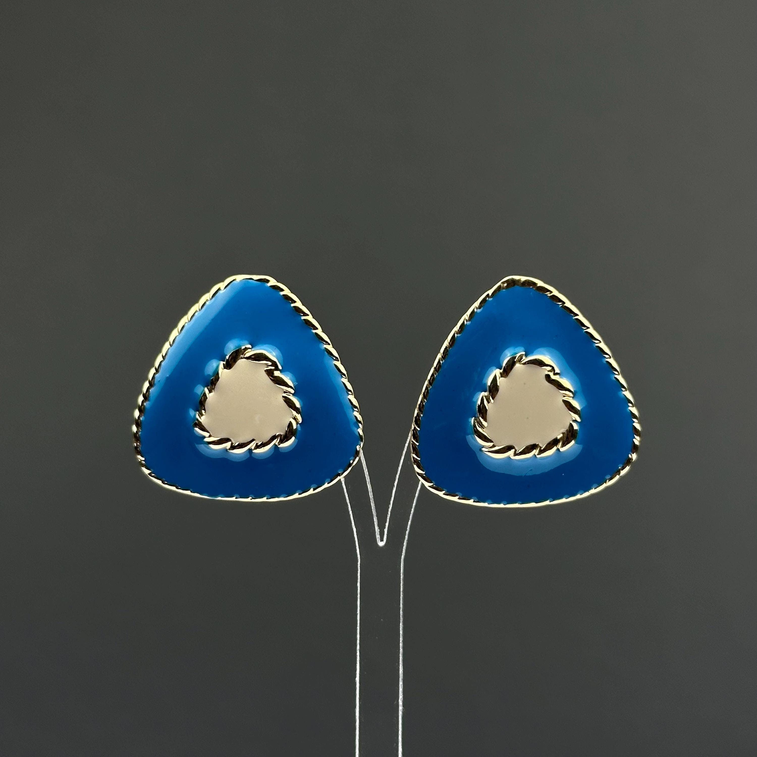 Vintage blue and beige enamel triangle earrings