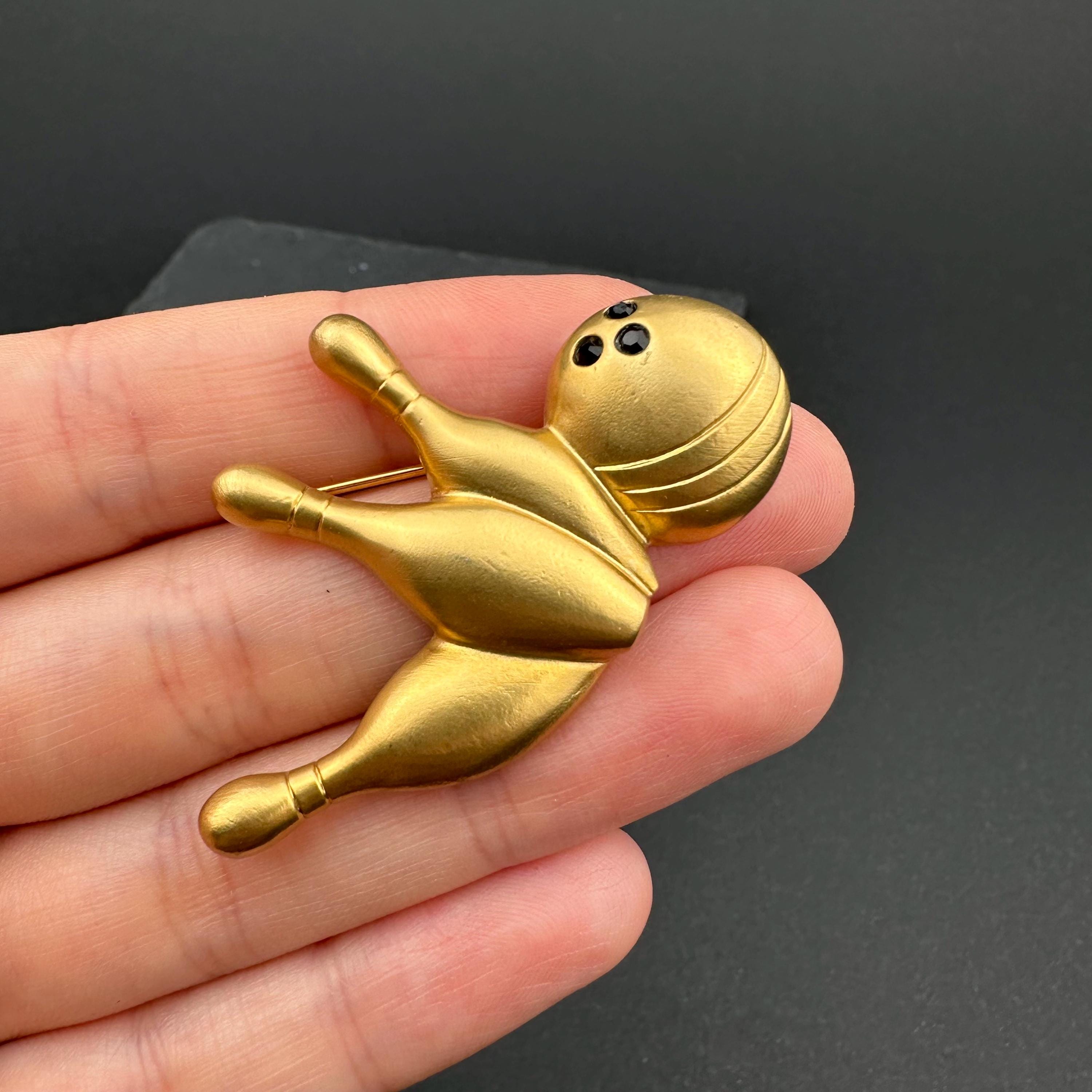 Vintage Avon matte gold tone bowling brooch "My Favorite Hobby"