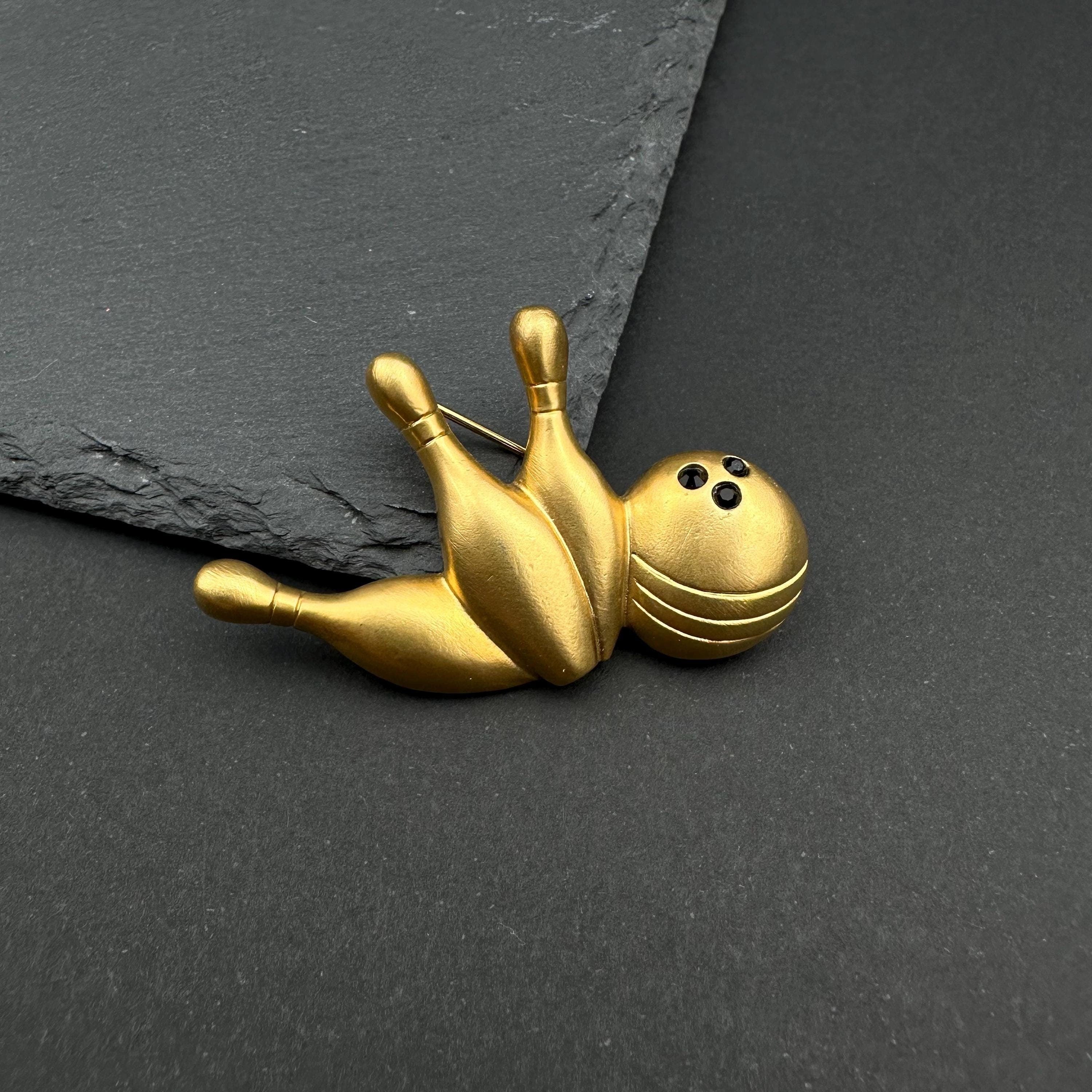 Vintage Avon matte gold tone bowling brooch "My Favorite Hobby"